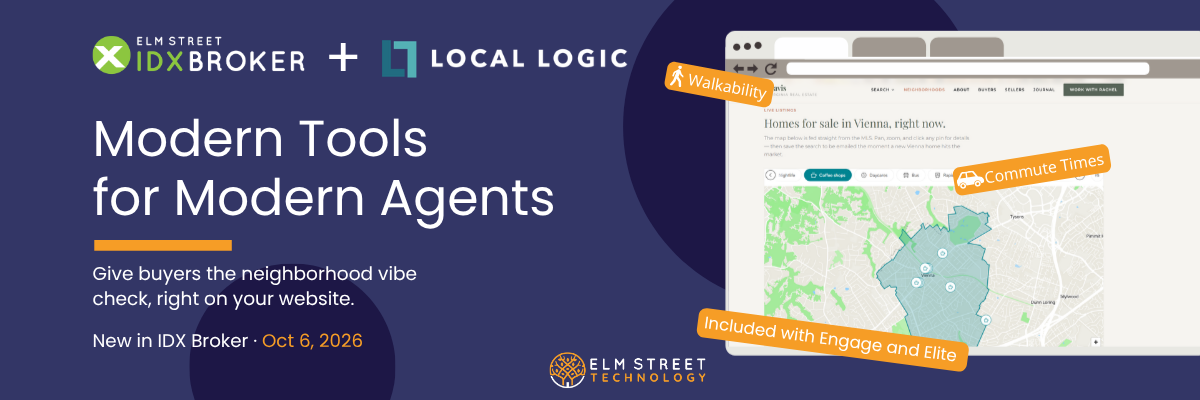 IDX Broker and Local Logic logos above a real estate website showing a neighborhood map with walkability and commute time labels