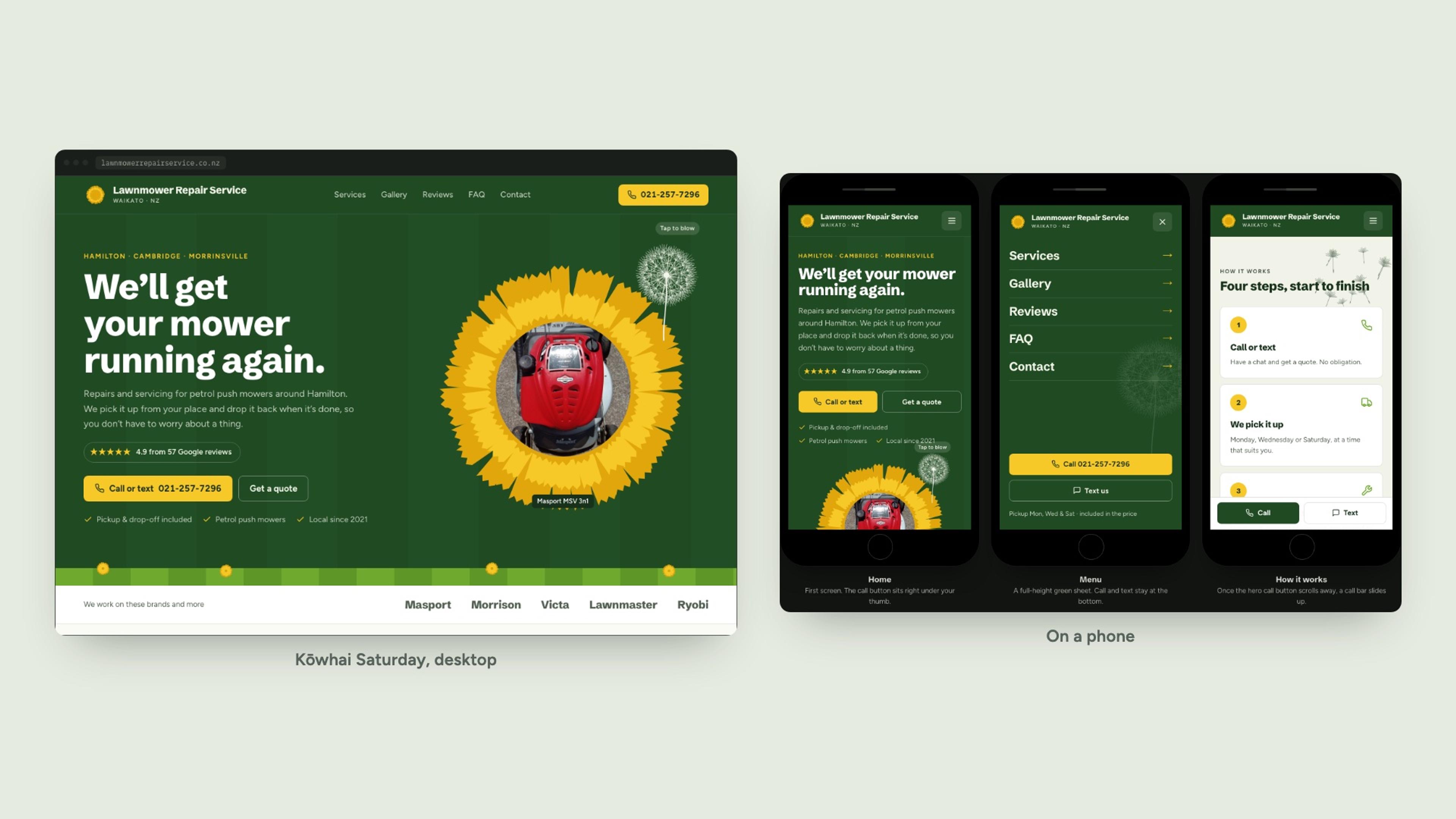 Kōwhai Saturday on desktop and on a phone, with the dark green hero and mown stripes.