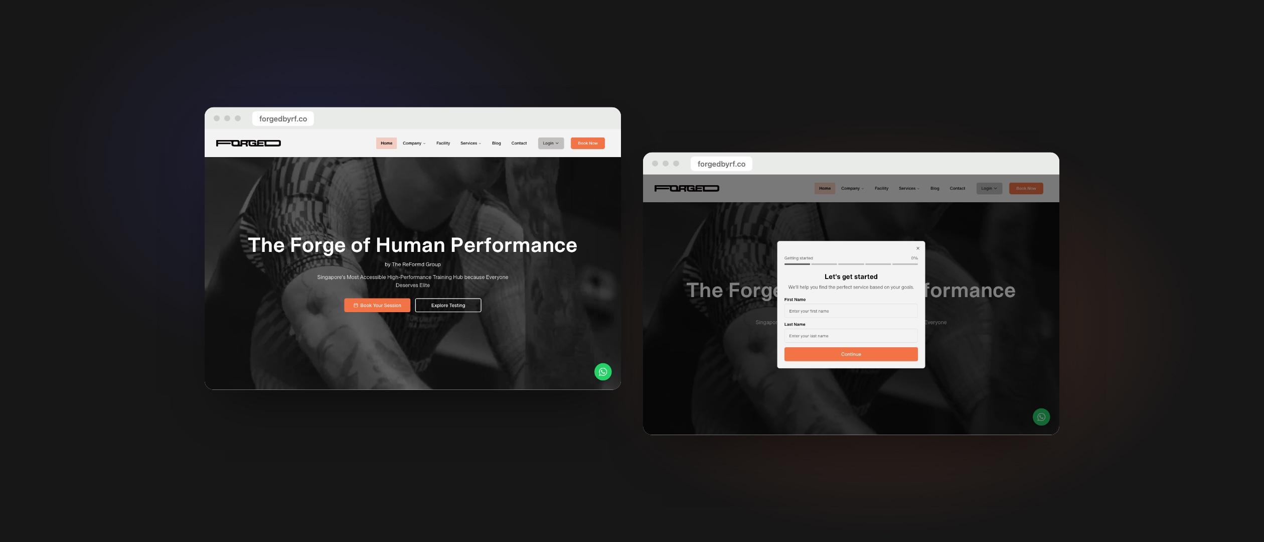 The Forged by RF site on desktop: the homepage hero, and the service quiz that greets first-time visitors.