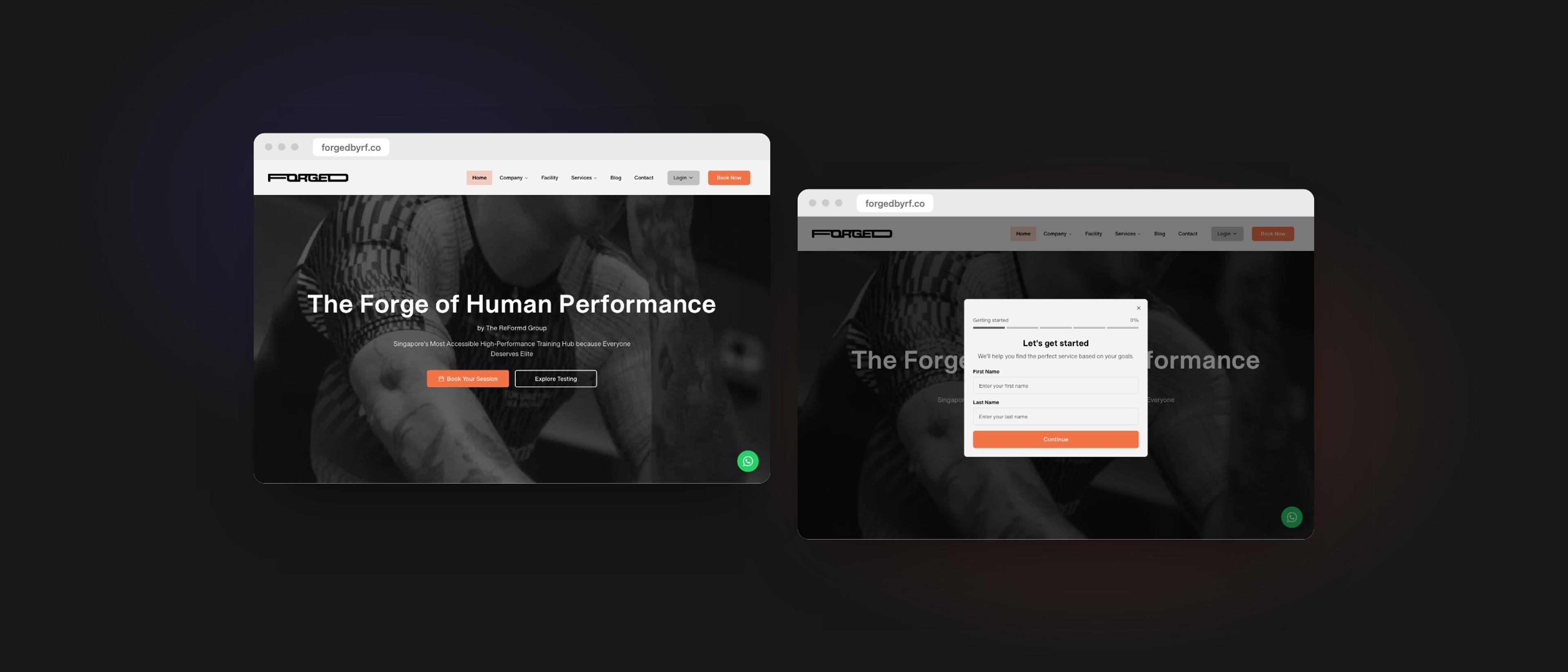 The Forged by RF site on desktop: the homepage hero, and the service quiz that greets first-time visitors.