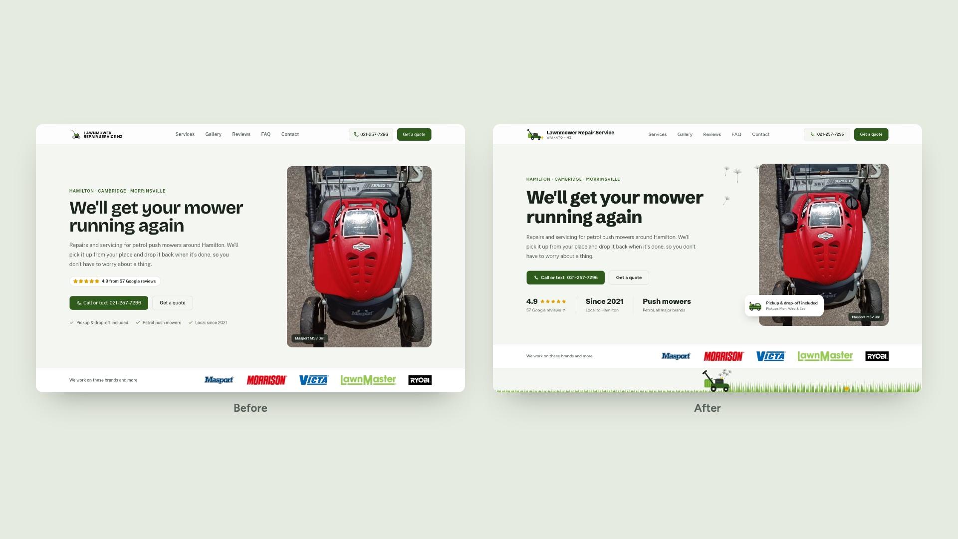Before and after: the homepage hero on desktop.