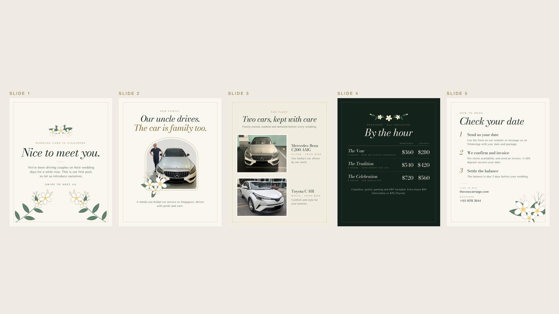 The five slides of the first post: Nice to meet you, Our family, Fleet, Packages and How to book.