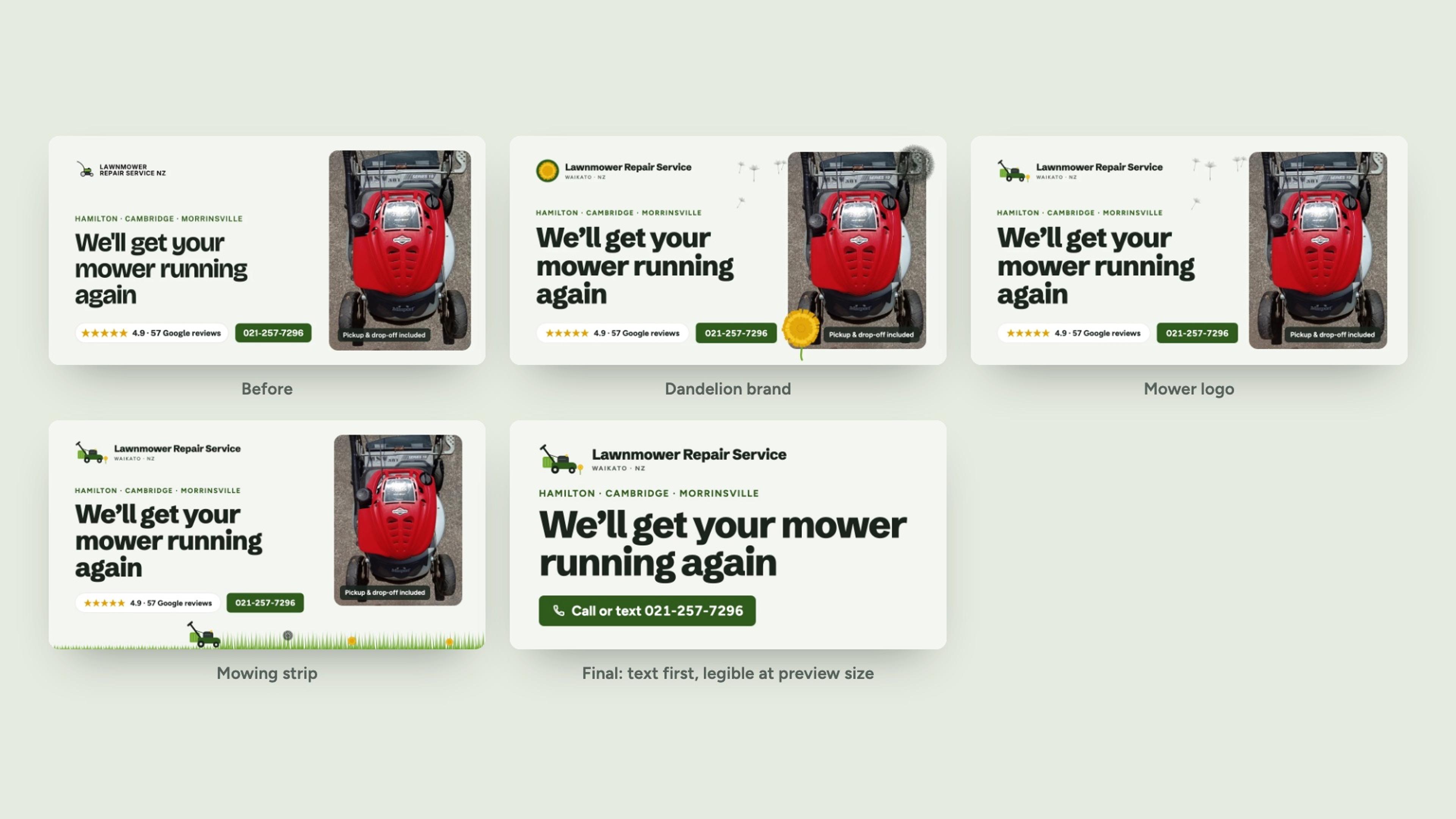 The share image, from the first version with the repair photo to the final text-first version.