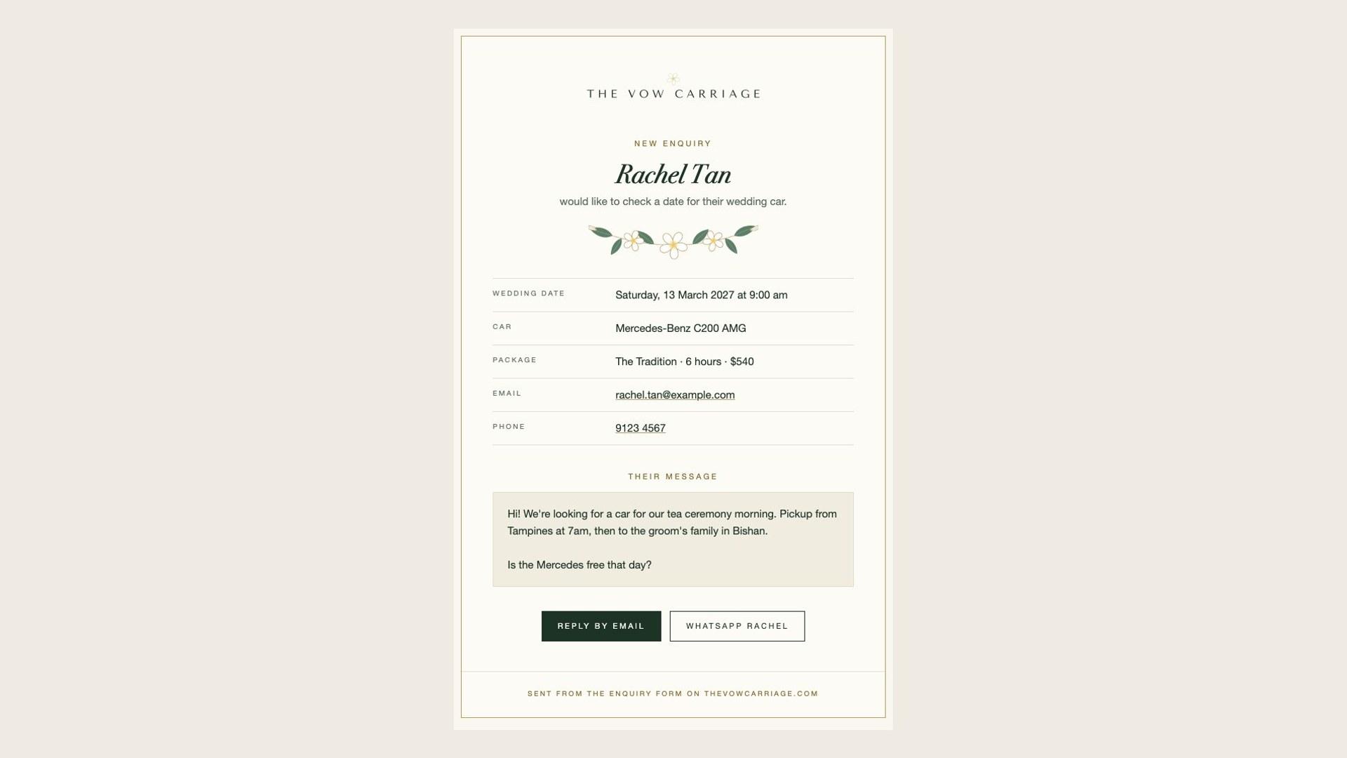 The branded enquiry email with the wordmark, garland, enquiry details and reply buttons.