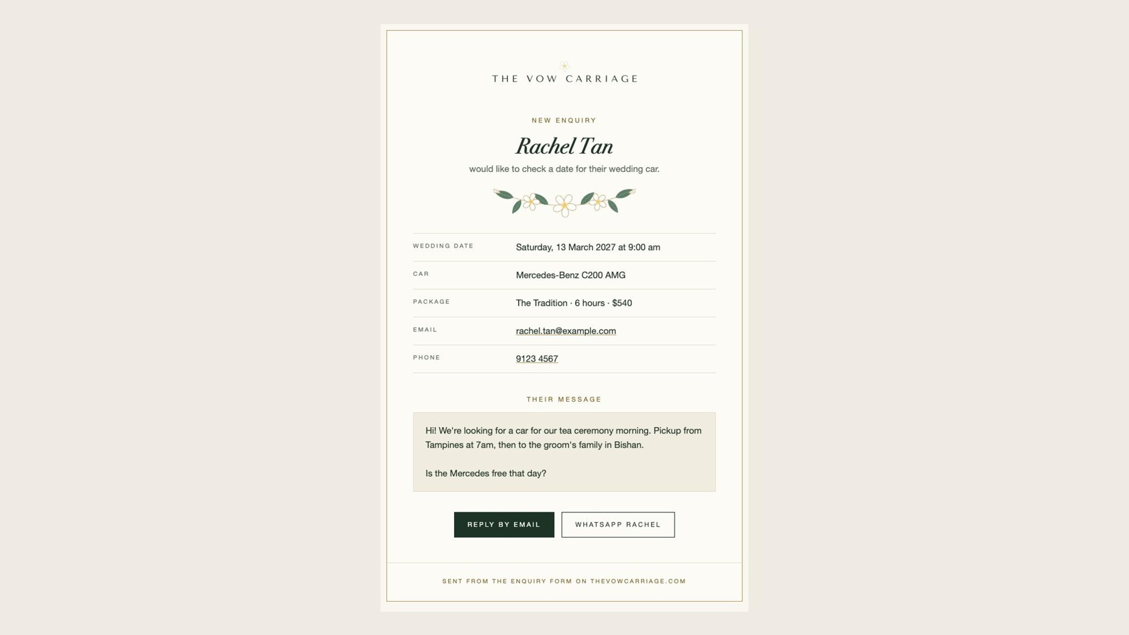 The branded enquiry email with the wordmark, garland, enquiry details and reply buttons.