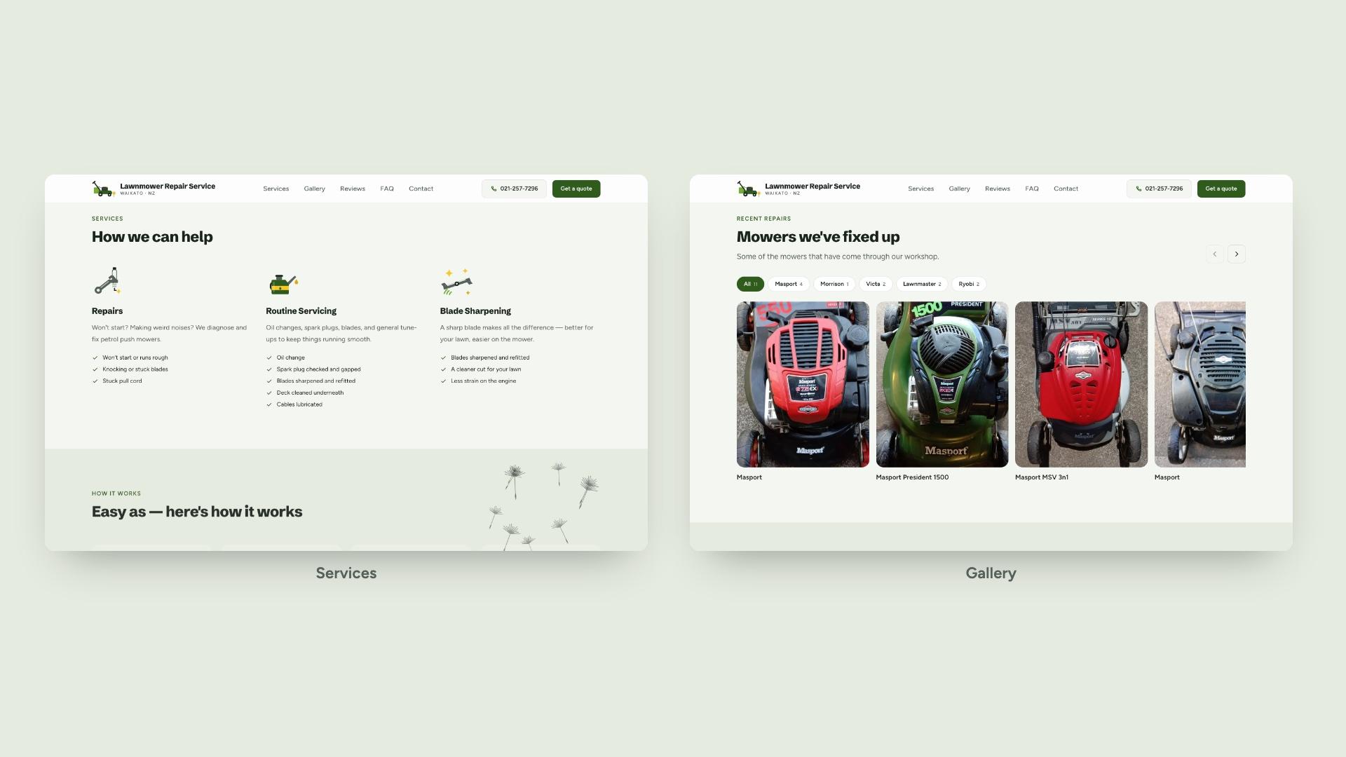 The new services section with its illustrations, and the gallery with brand filters.