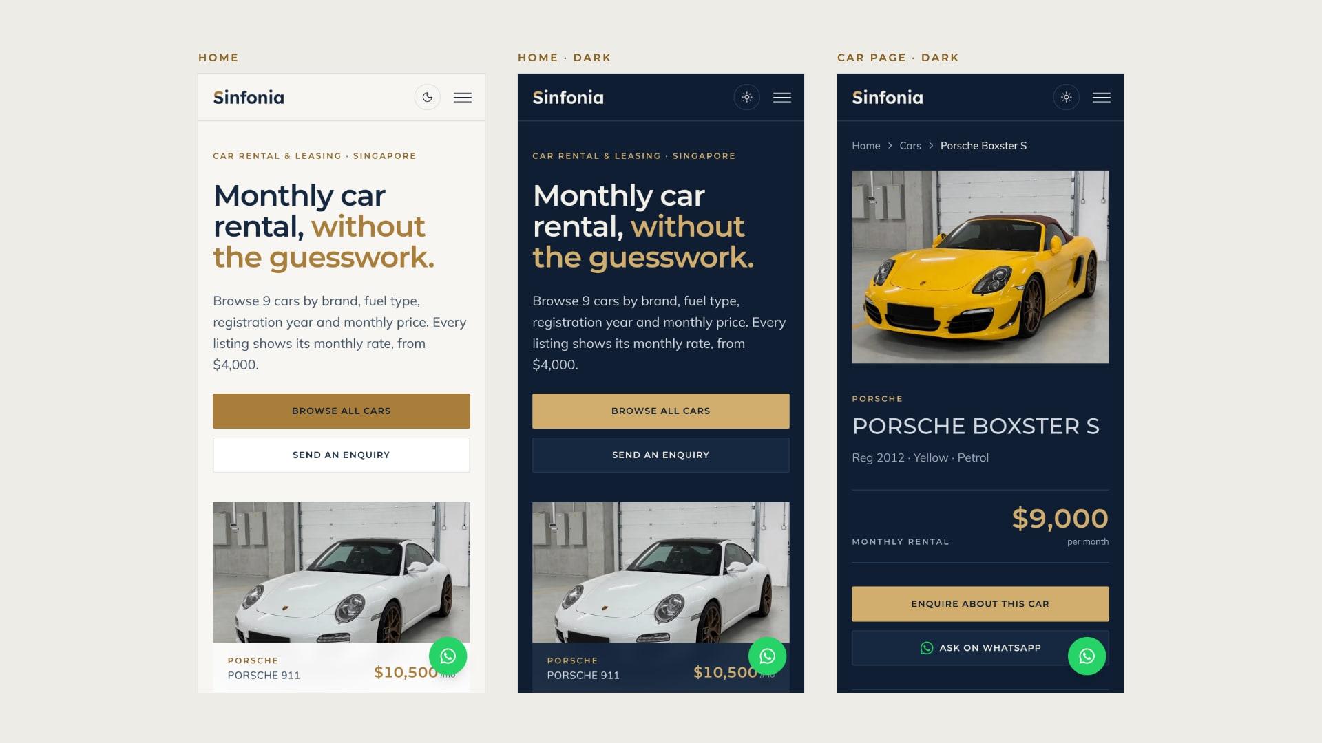 Phone screens of the homepage in light and dark mode, and the Porsche Boxster S car page in dark mode.