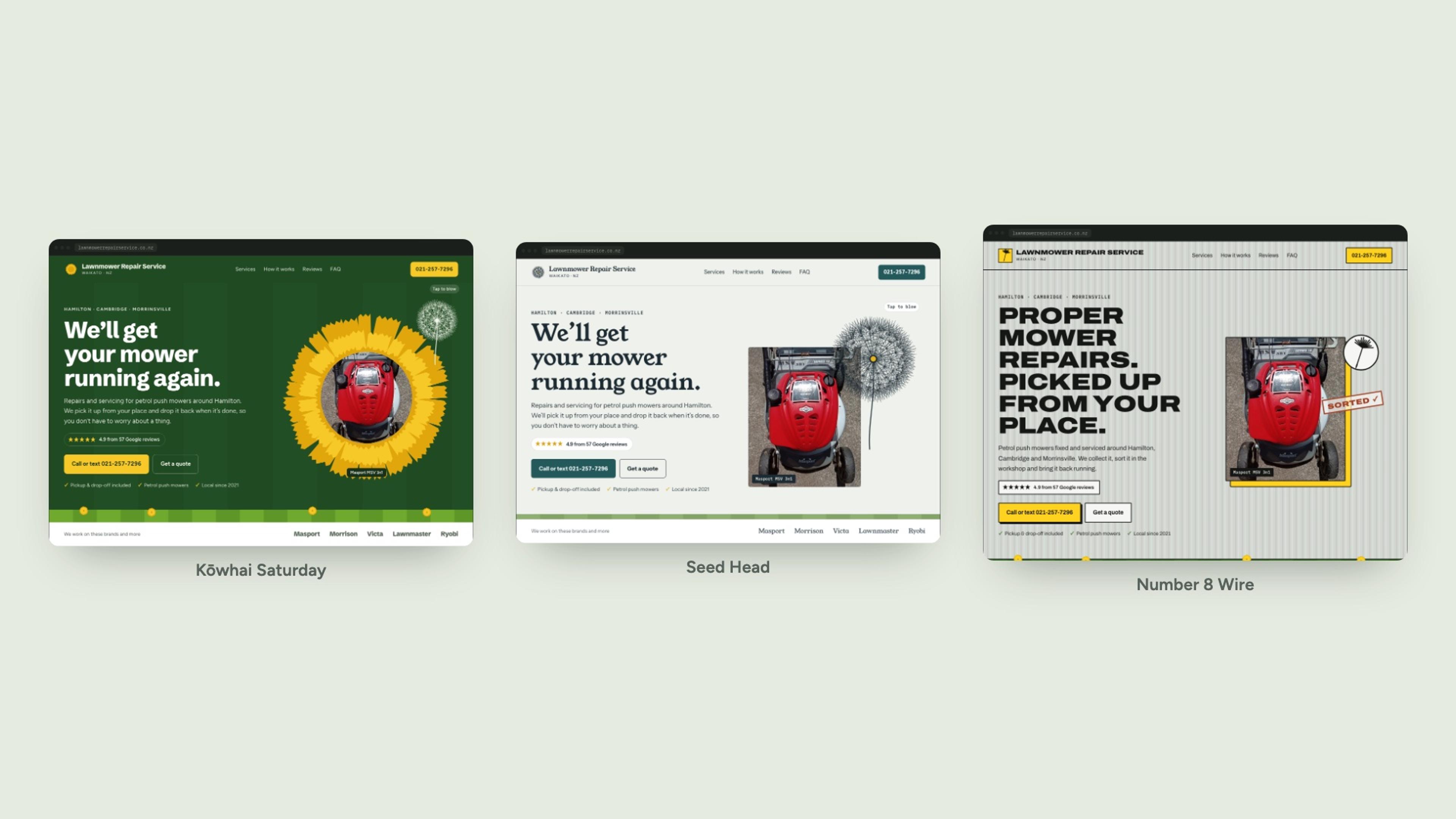Round 1: Kōwhai Saturday, Seed Head and Number 8 Wire, each shown on the homepage hero.