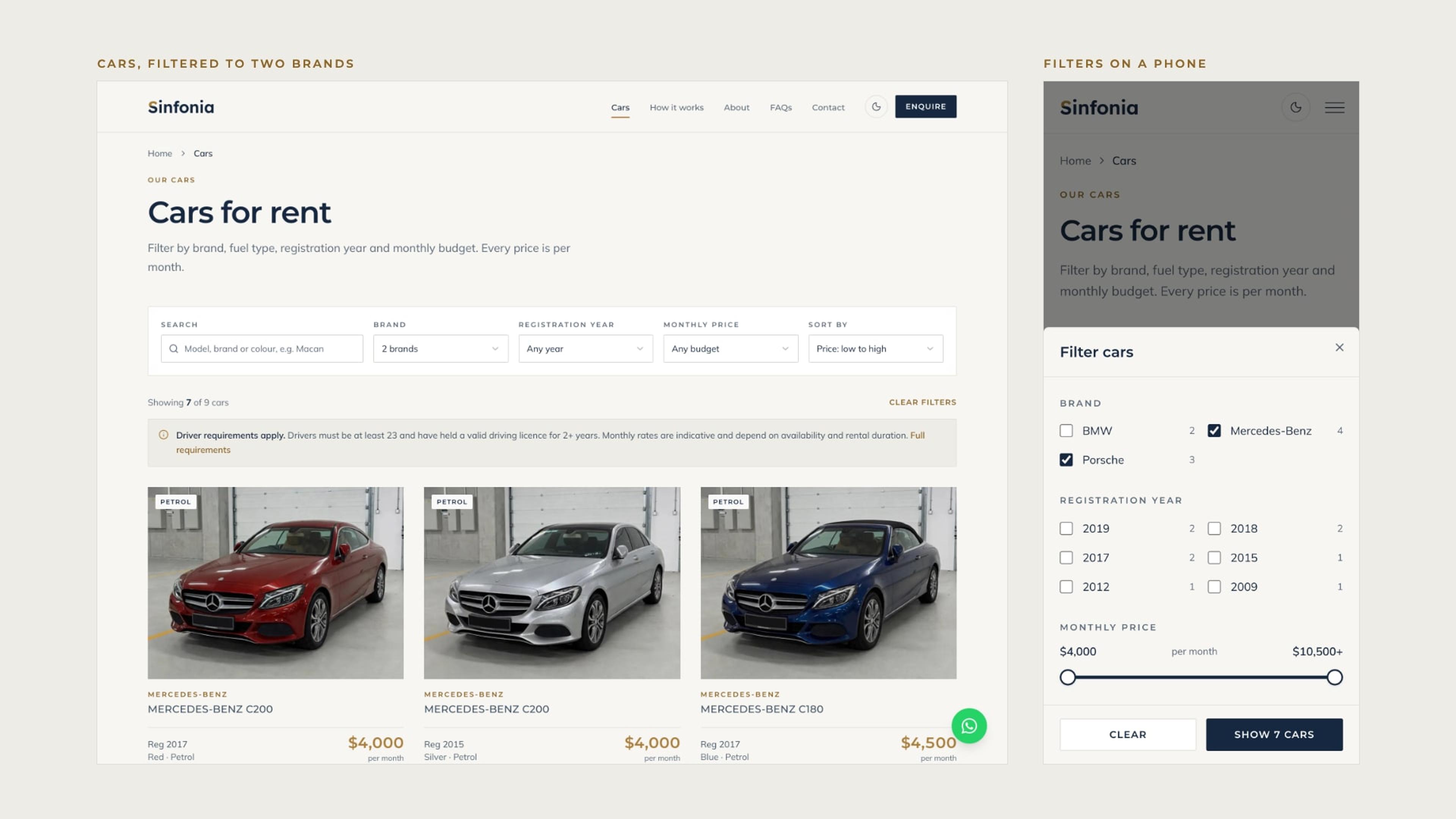 The fleet page filtered to Mercedes-Benz and Porsche, and the same filters in a bottom sheet on a phone.