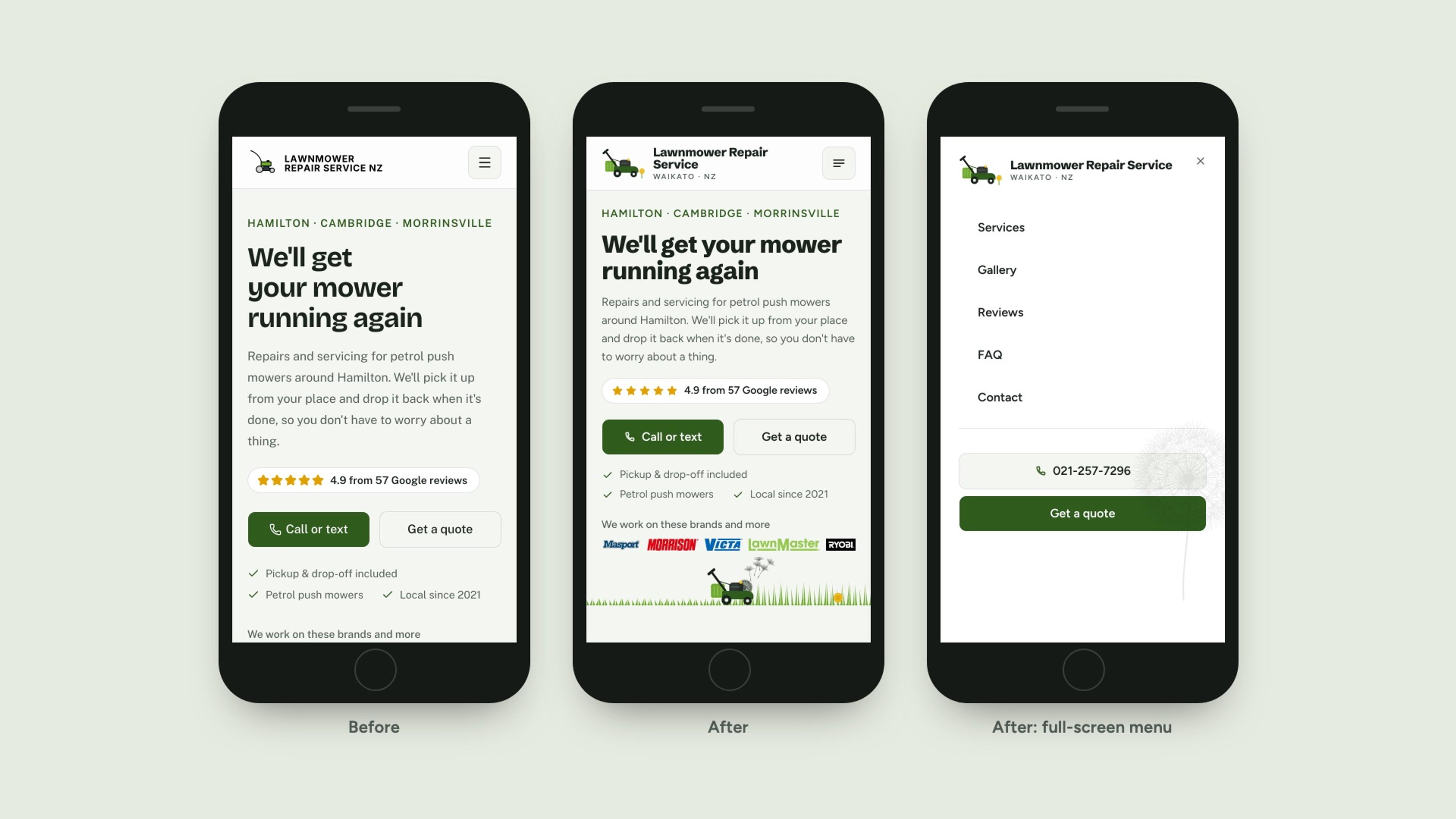 Phone screens: the old homepage, the new homepage with the mowing strip above the fold, and the new full-screen menu.