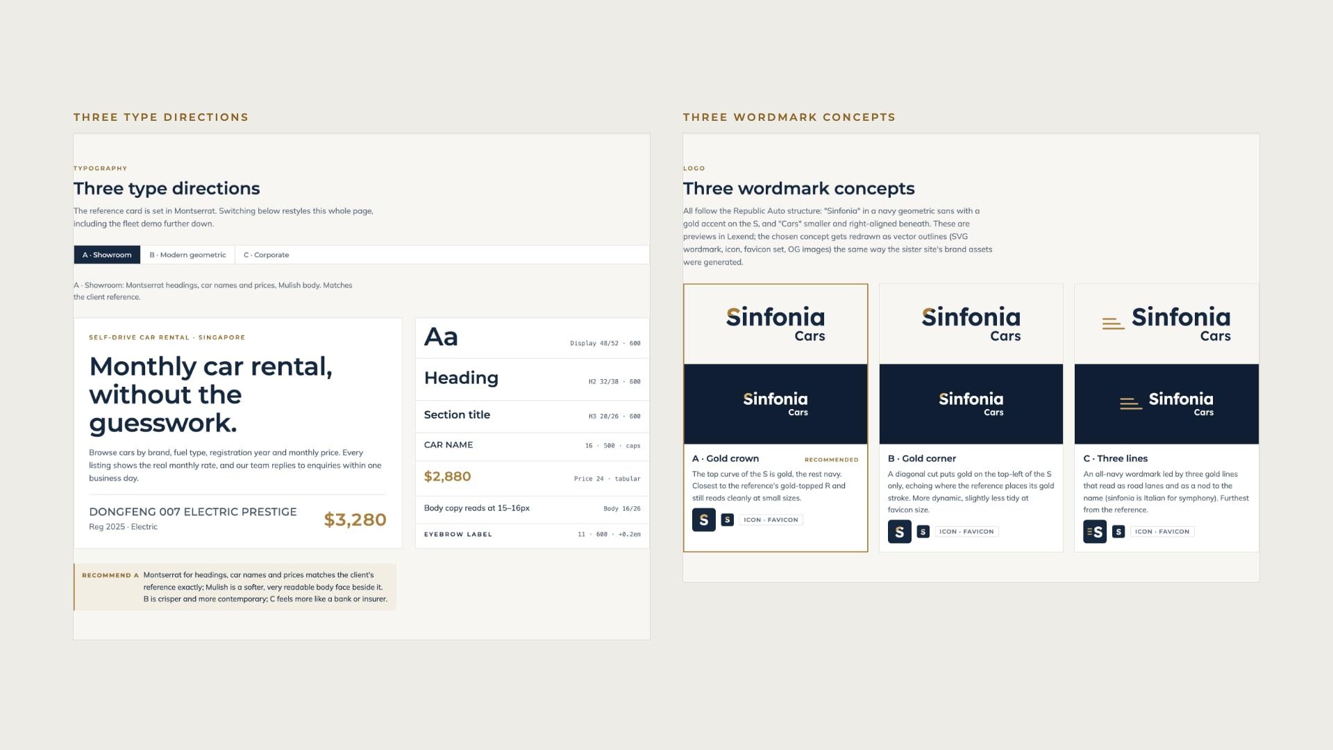 The design direction page: three type directions and three wordmark concepts, with the gold crown recommended.