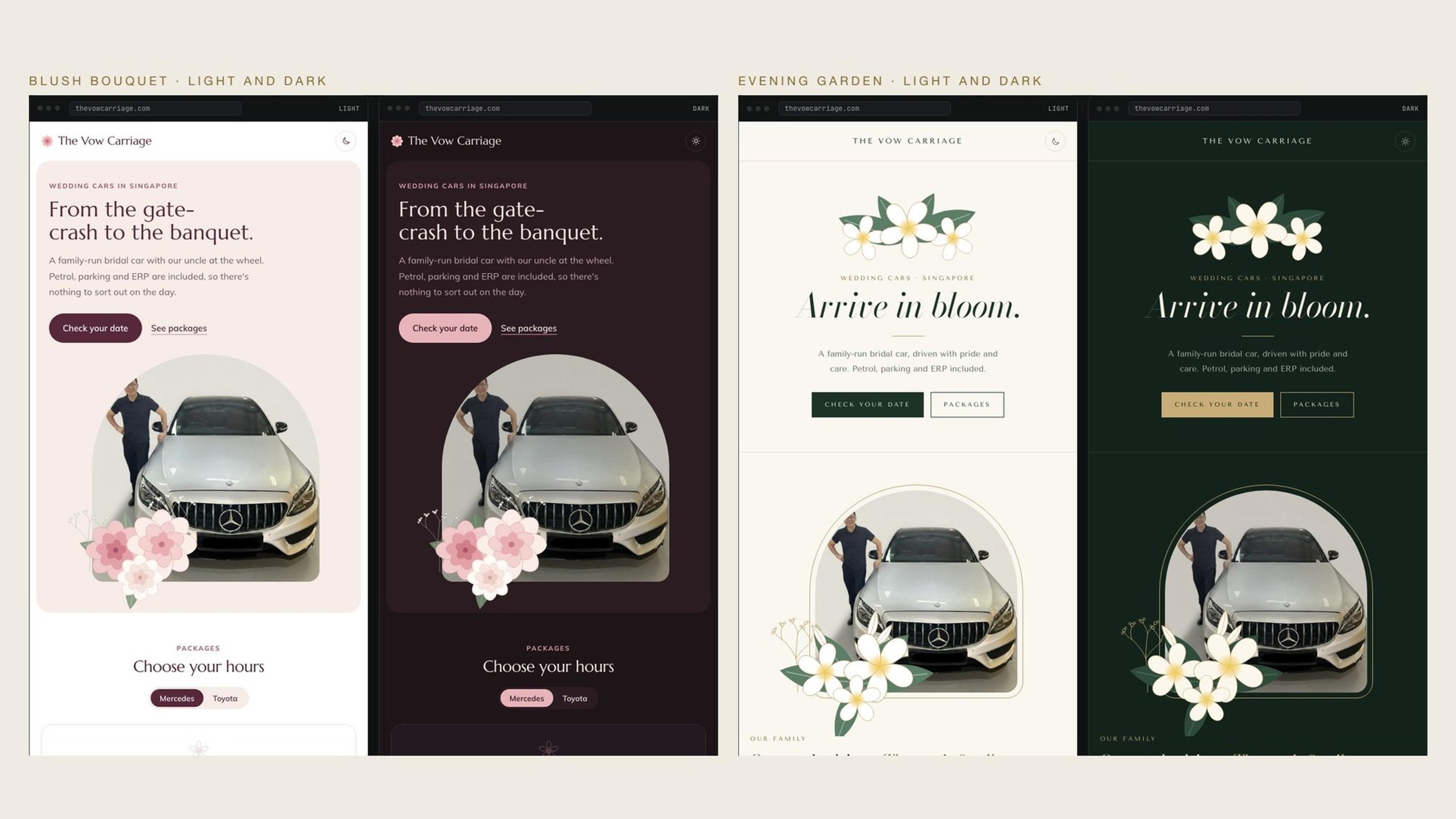 Round 2: Blush Bouquet and Evening Garden, each shown in light and dark.