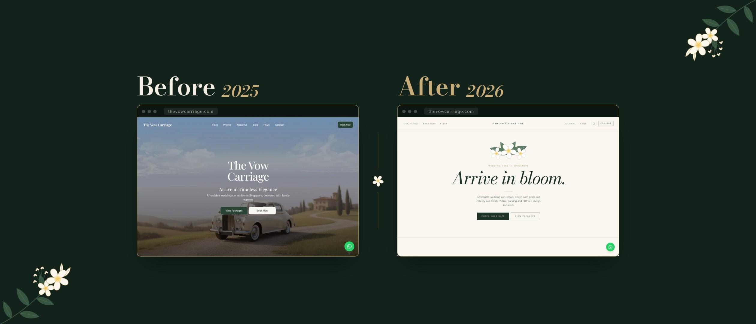 The Vow Carriage homepage before and after: the 2025 site with an AI-generated vintage Rolls-Royce, and the 2026 site with a frangipani crown and the headline Arrive in bloom.