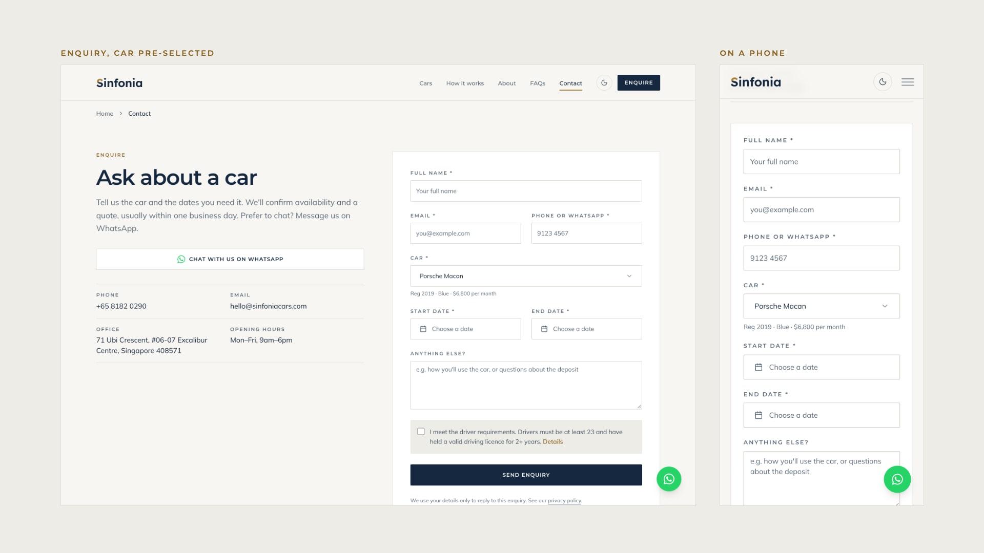 The enquiry form with the Porsche Macan pre-selected, on desktop and on a phone.