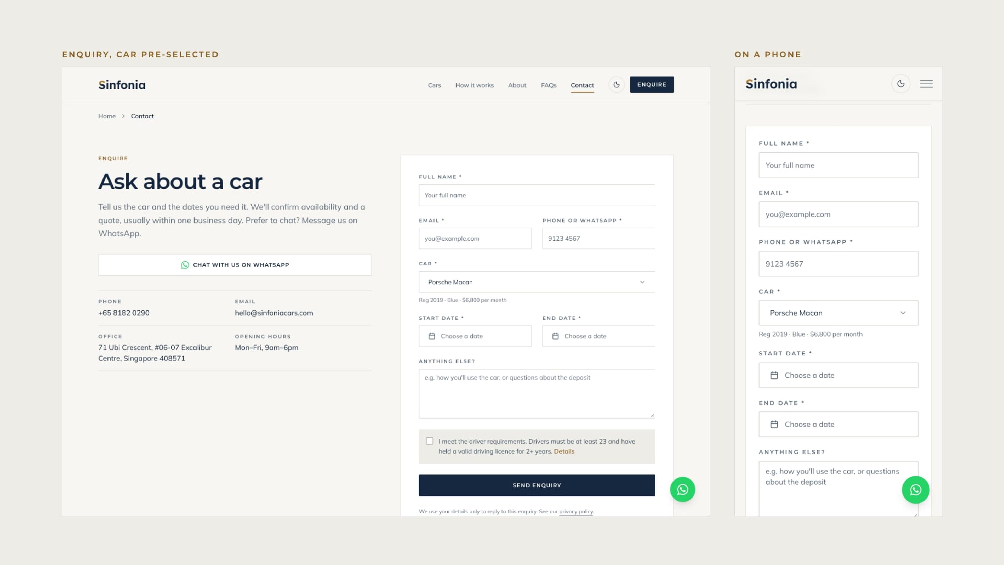 The enquiry form with the Porsche Macan pre-selected, on desktop and on a phone.