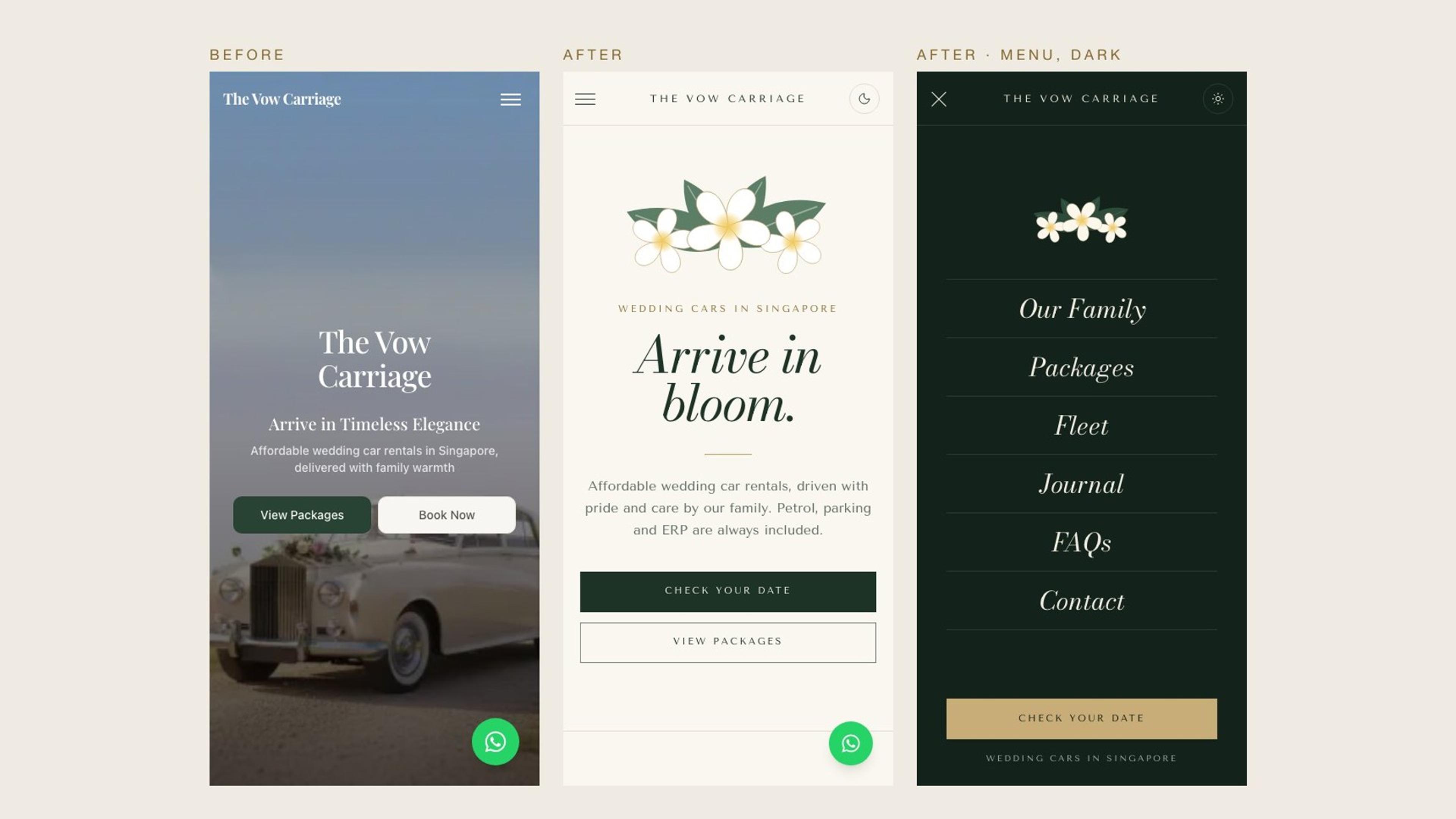 Phone screens: the old homepage, the new homepage, and the new full-screen menu in dark mode.