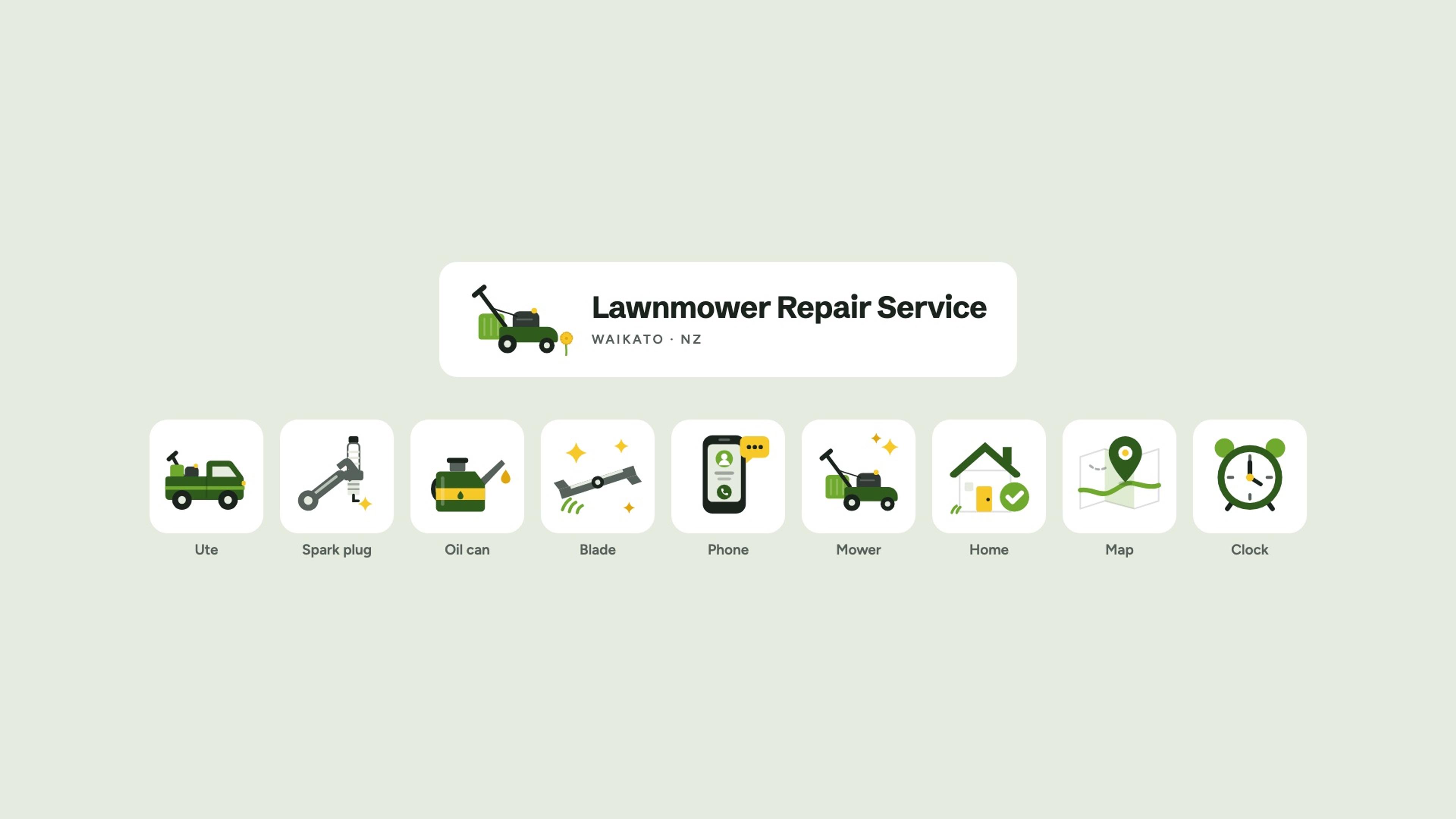 The logo, and the nine illustrations: a ute, a spark plug, an oil can, a blade, a phone, the mower, a home, a map and a clock.