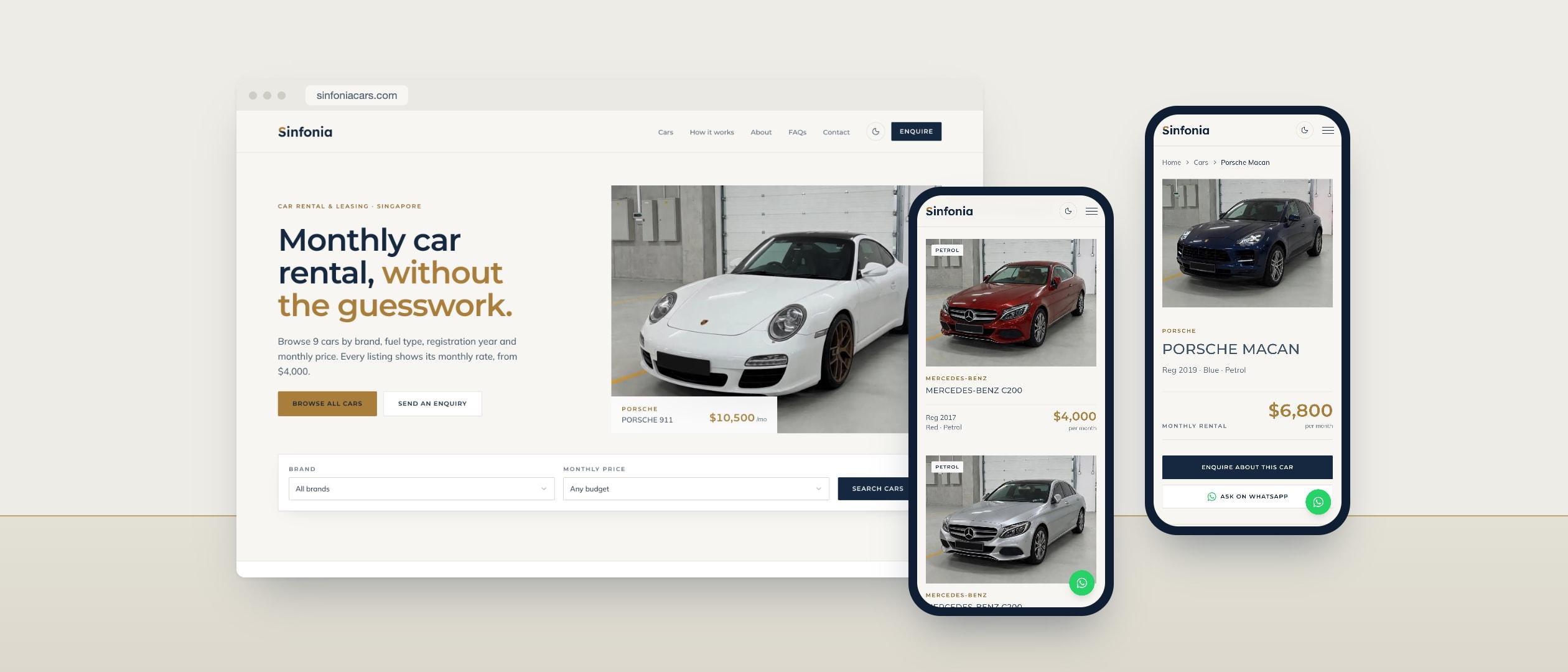 The Sinfonia website on desktop and on two phones: the homepage with a white Porsche 911, the fleet list, and the Porsche Macan car page.