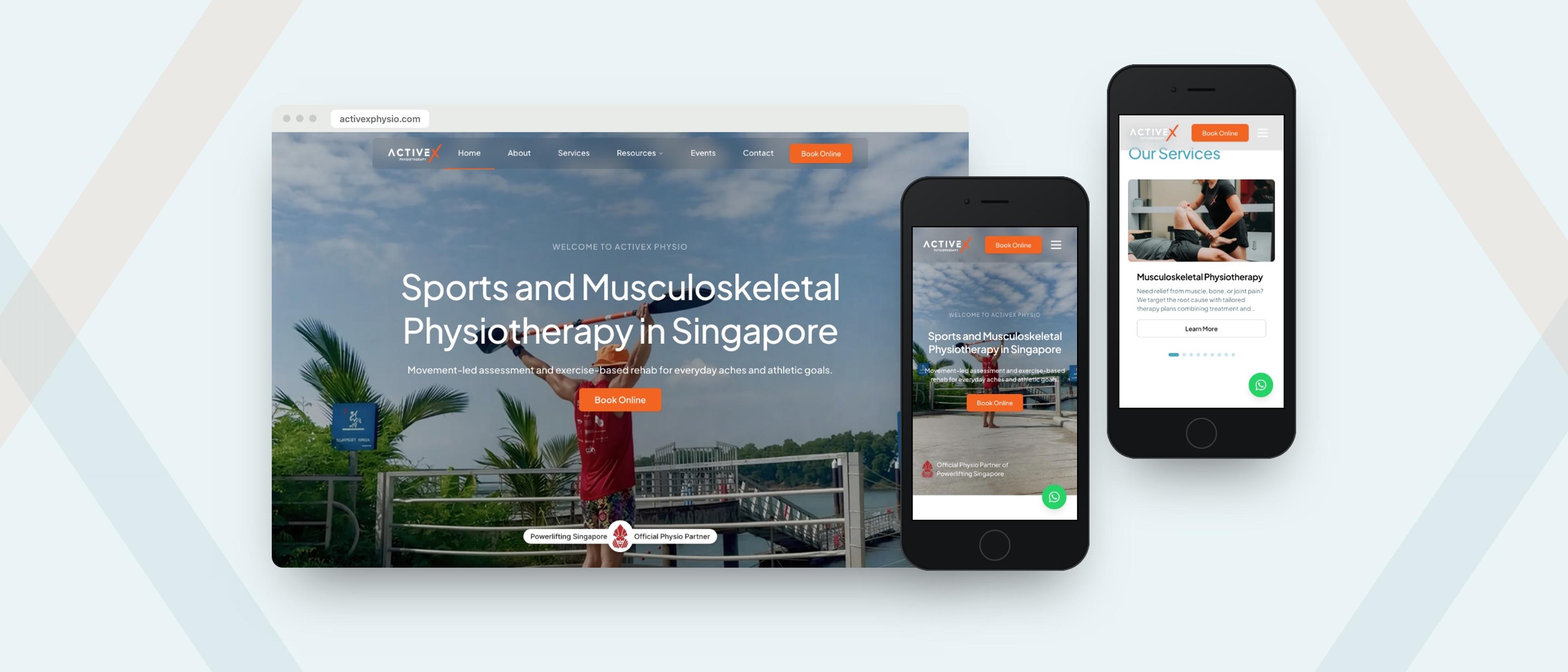 The ActiveX Physio site on desktop and on two phones: the homepage hero with its Book Online button, and the services carousel.