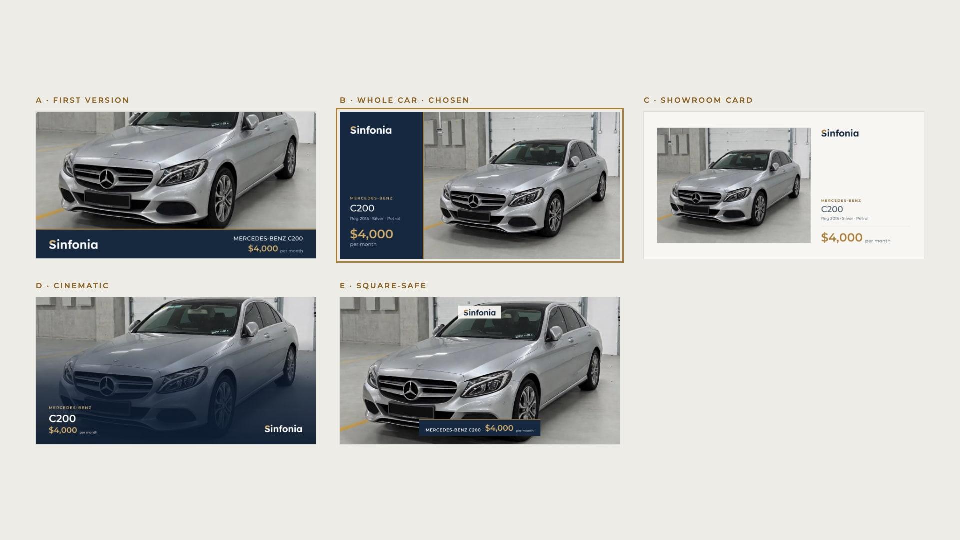 Five share-image layouts for a silver Mercedes-Benz C200, with the whole-car layout chosen.