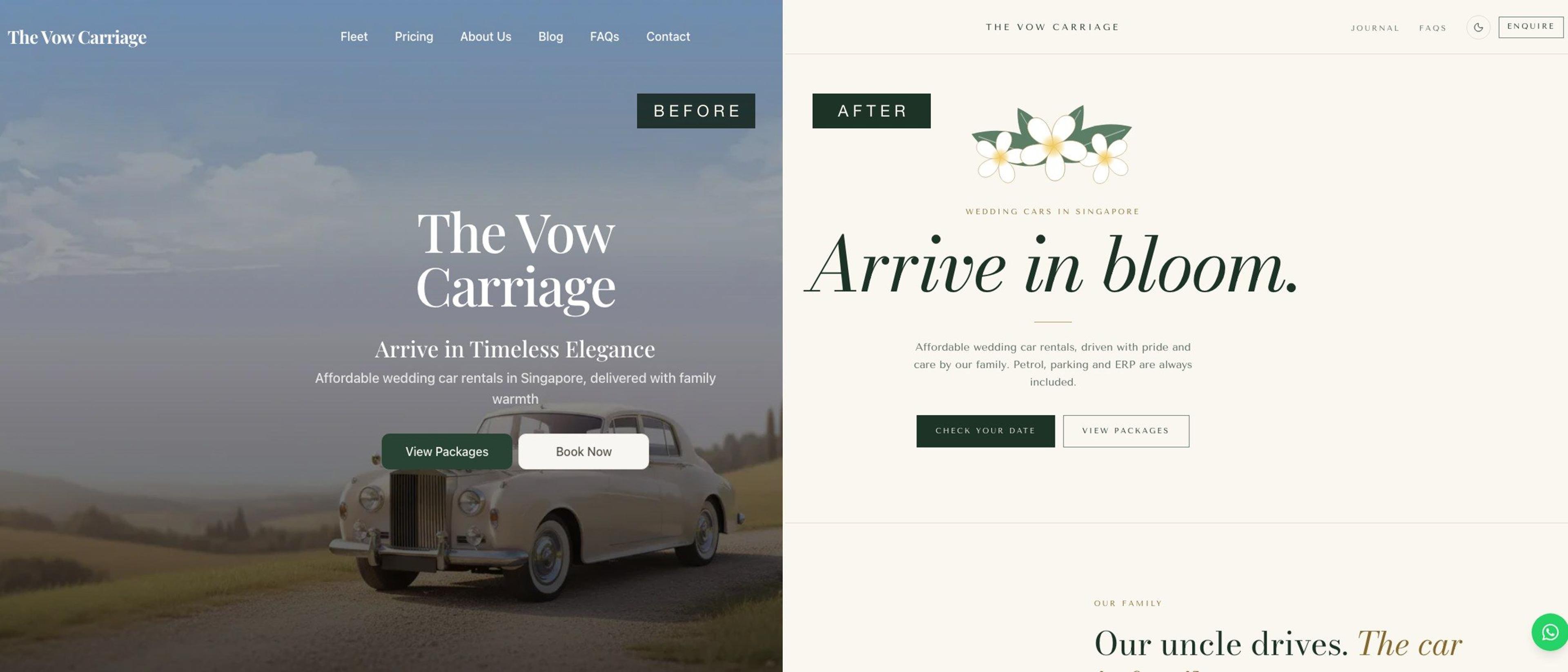 The old homepage with an AI-generated vintage Rolls-Royce beside the new homepage with a frangipani crown and the headline Arrive in bloom.