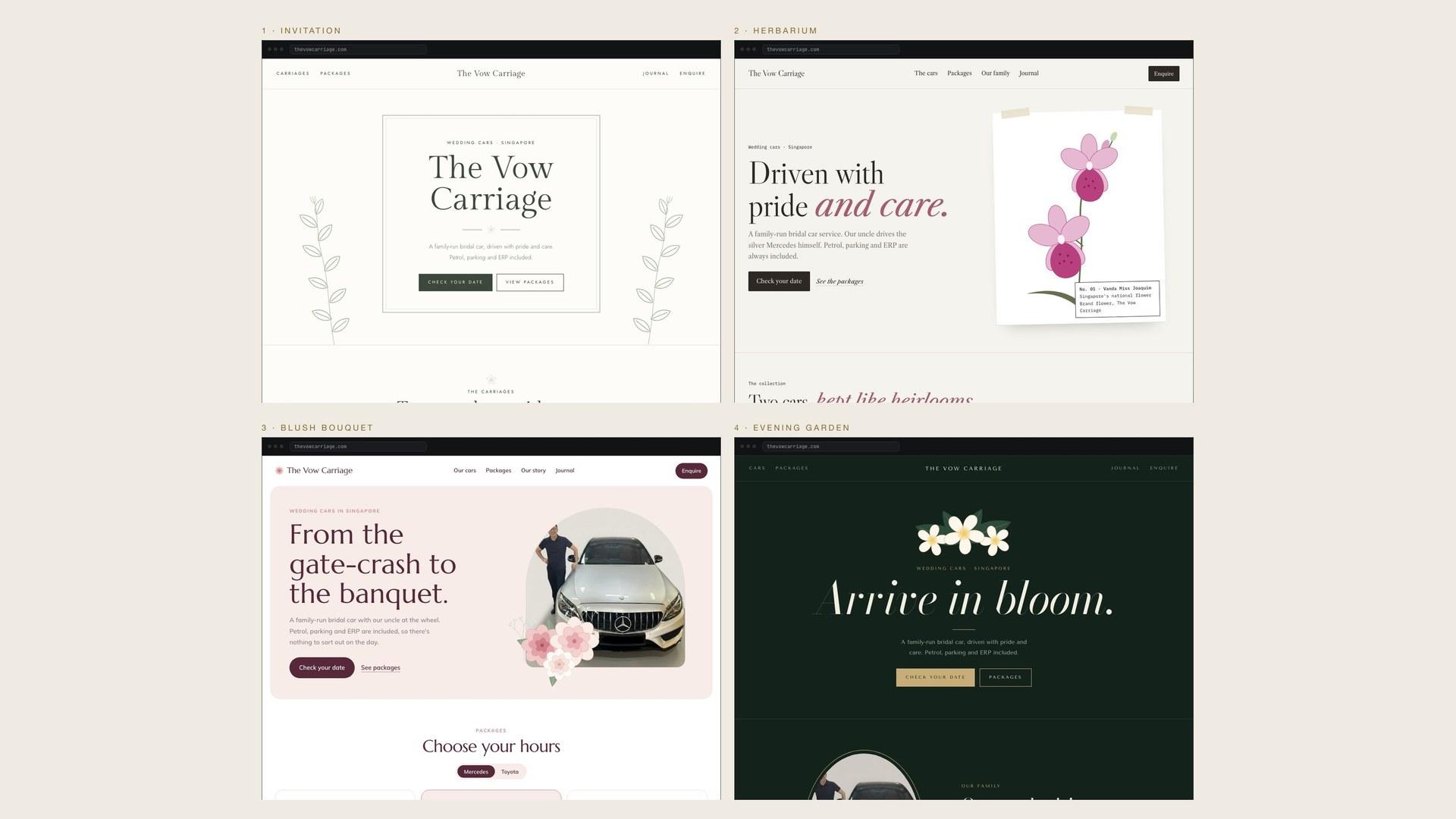 Round 1 mockups: Invitation, Herbarium, Blush Bouquet and Evening Garden.