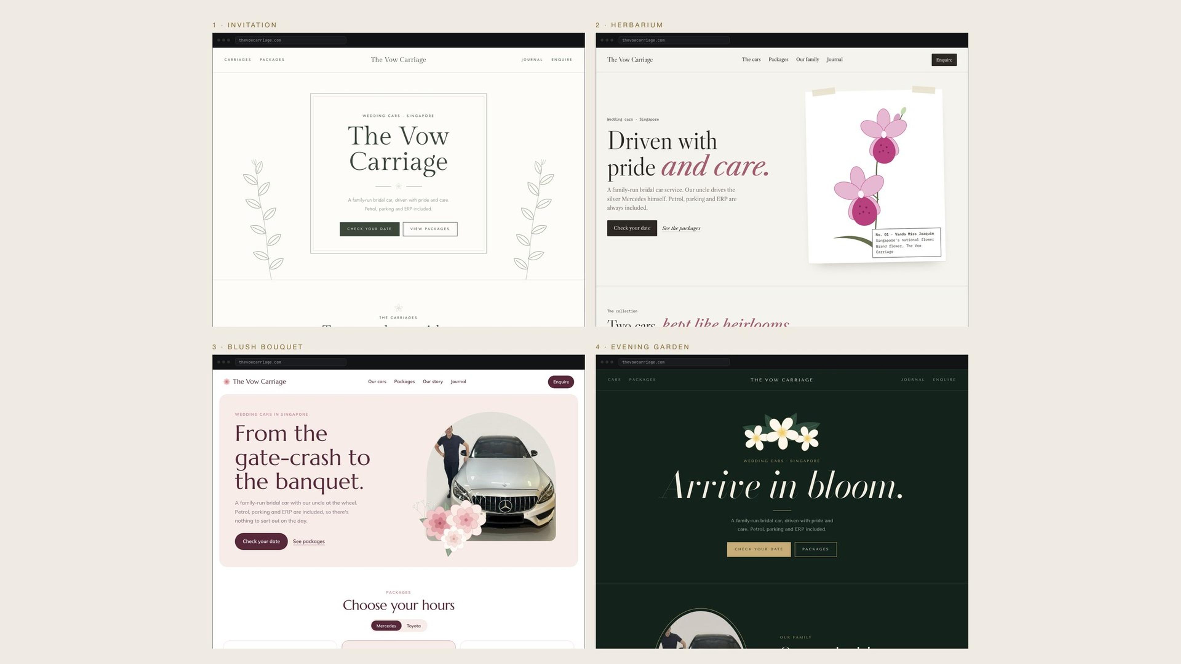 Round 1 mockups: Invitation, Herbarium, Blush Bouquet and Evening Garden.