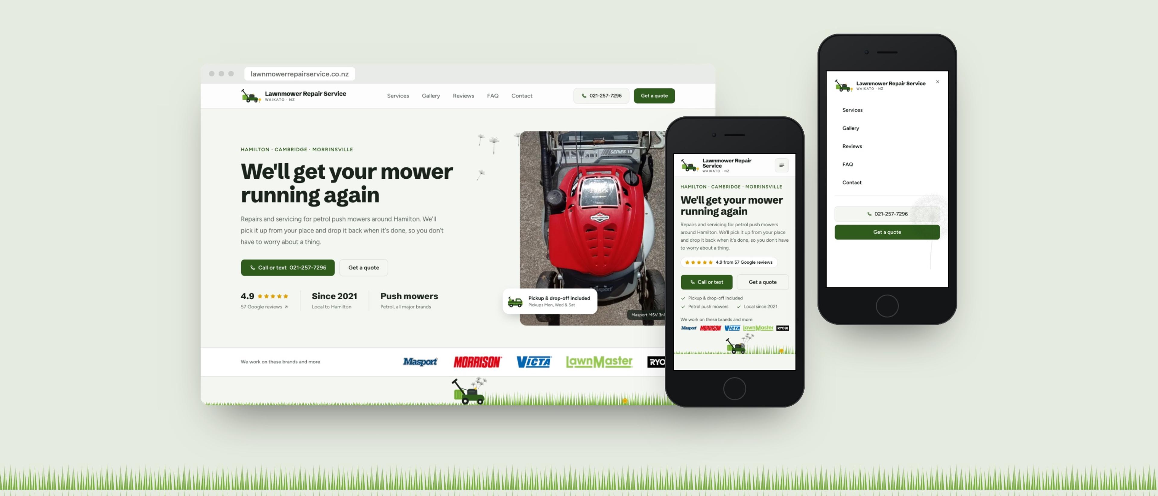 The rebranded homepage on desktop and on two phones, with the mower logo, the mowing strip under the brand logos, and the full-screen menu.