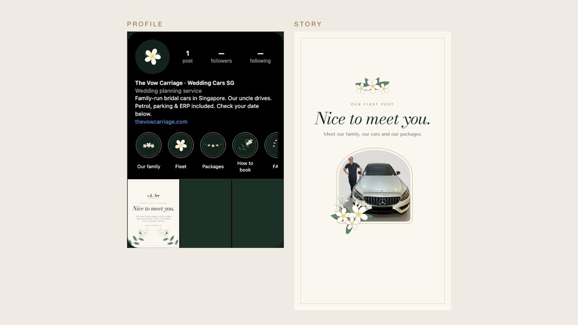 The Instagram profile with its highlight covers, and the story announcing the first post.
