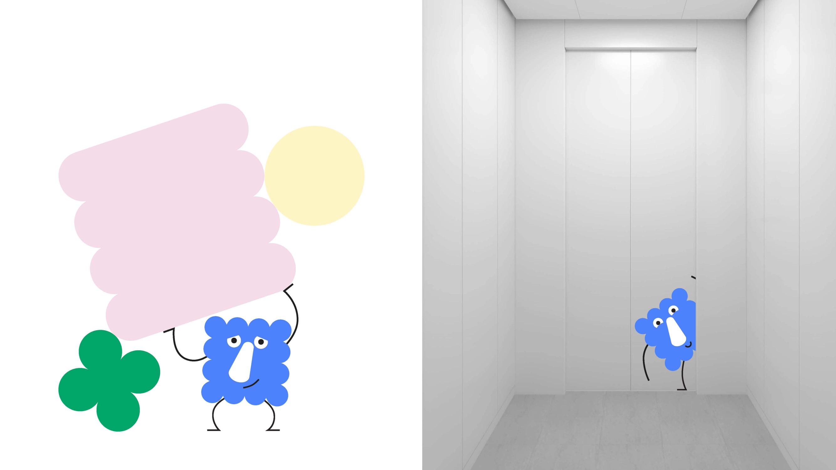 Illustrated characters from the Kunstsilo Kids concept, with a blue figure lifting large colorful shapes and another peeking into a white room — playful educational design for children.