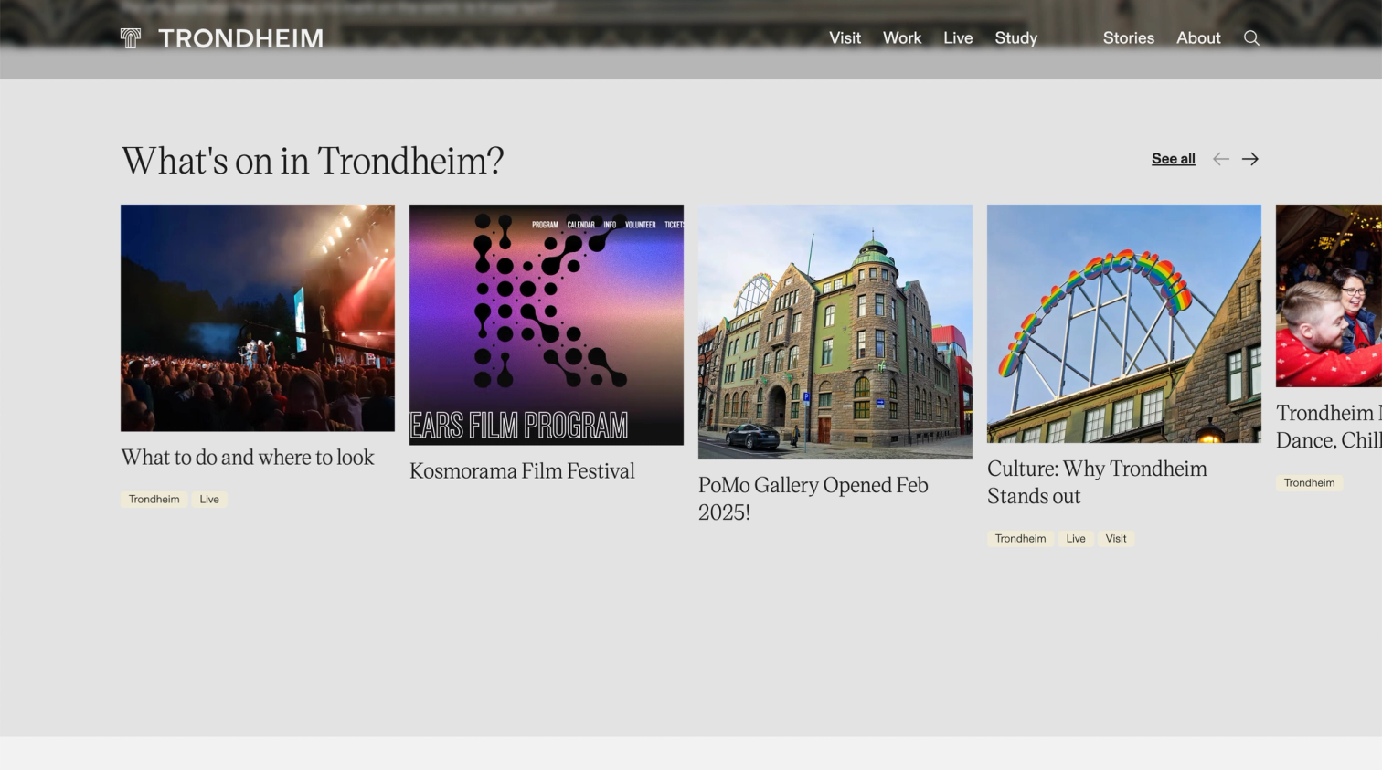 Website section highlight showing Trondheim.com’s event listings, including images of a live concert, Kosmorama Film Festival poster, PoMo Gallery exterior, and a cultural attraction with a rainbow arch.