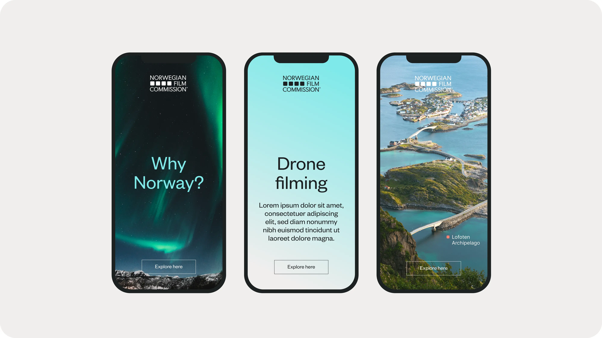 Tre mobilskjermer viser Norwegian Film Commission sin app med nordlys, dronetekst og Lofoten-bilder — av Nonspace