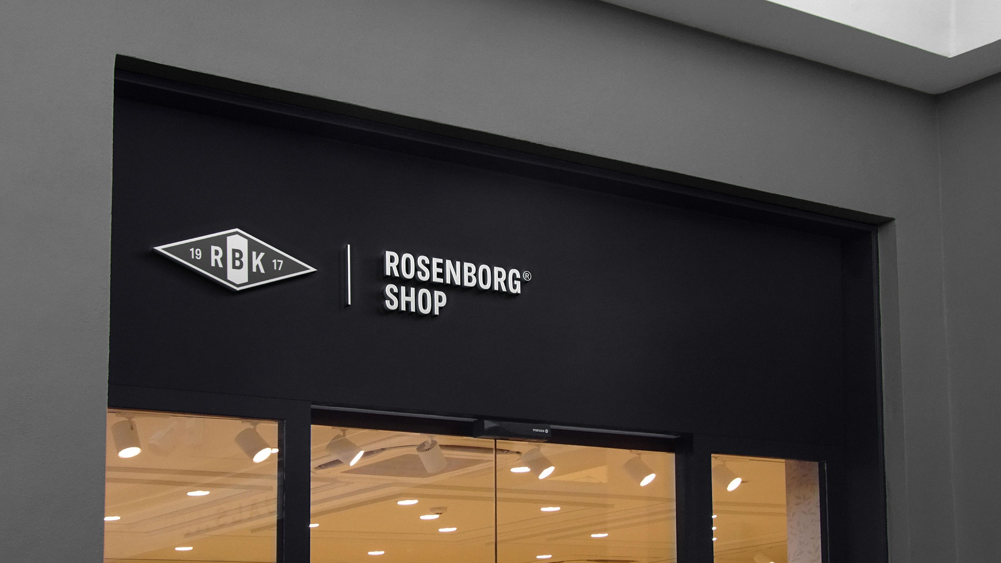 Rosenborg Ballklub official shop entrance with RBK logo and brand signage, part of the ‘Always Forward’ identity designed by Nonspace.