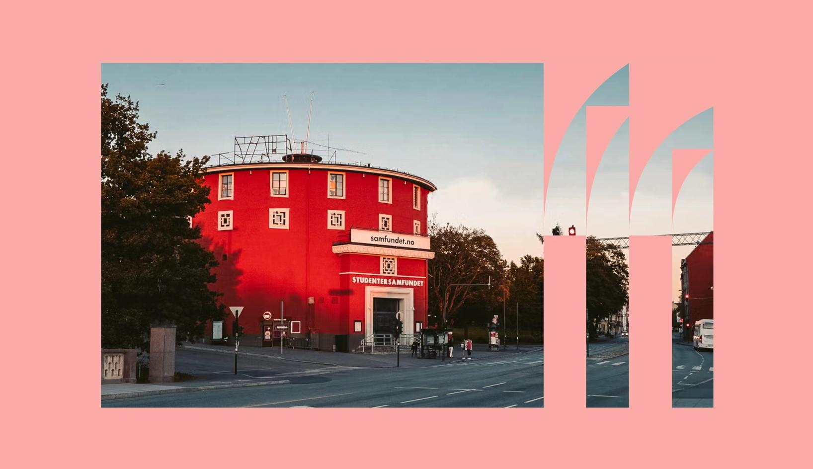 Photo of Trondheim’s iconic red Studentersamfundet building, combined with Trondheim.com’s graphic identity featuring vertical arch-shaped cut-outs on the right.