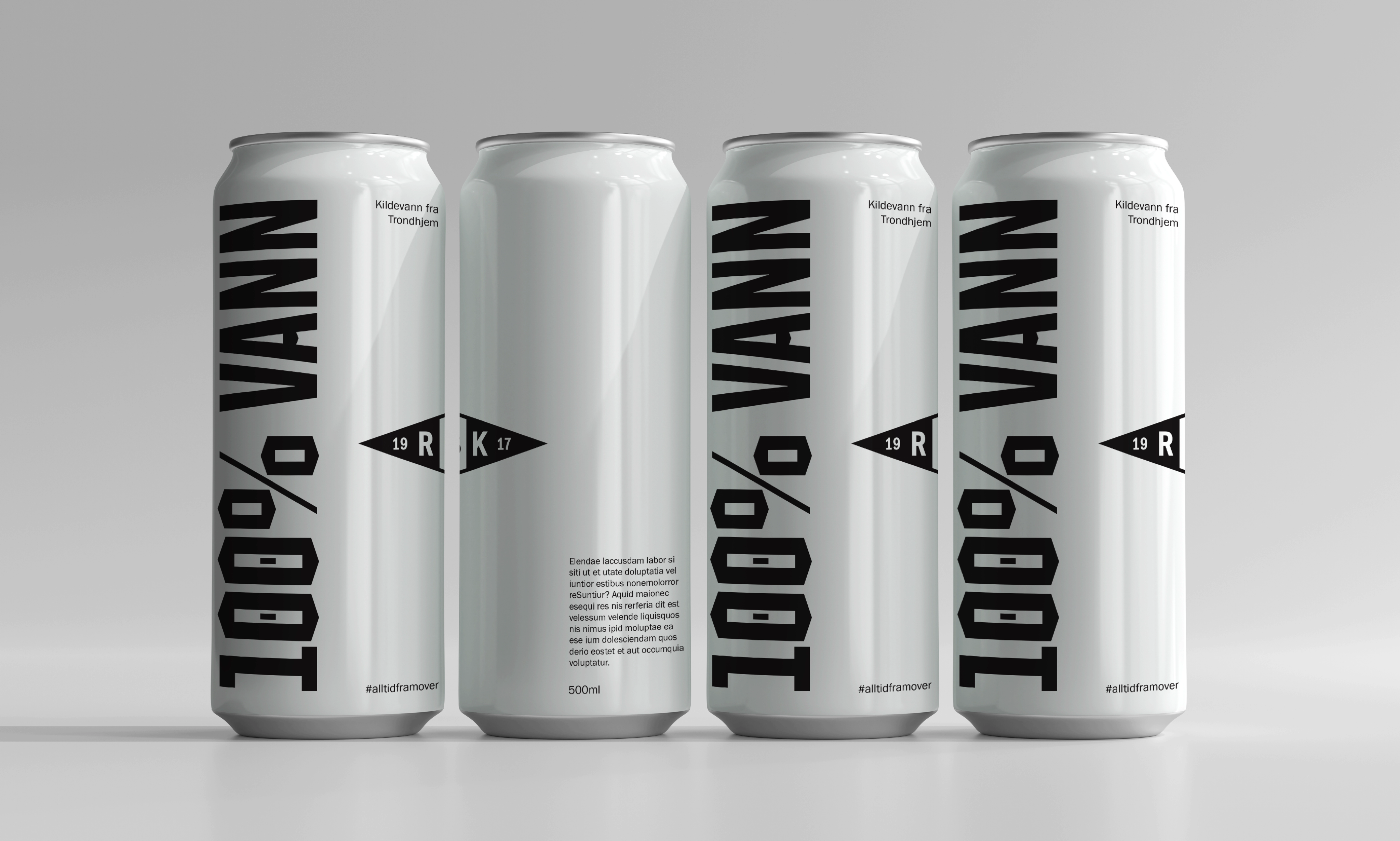 Four white Rosenborg “100% VANN” water cans standing side by side, featuring bold black typography, the RBK crest, and the hashtag #alltidframover.