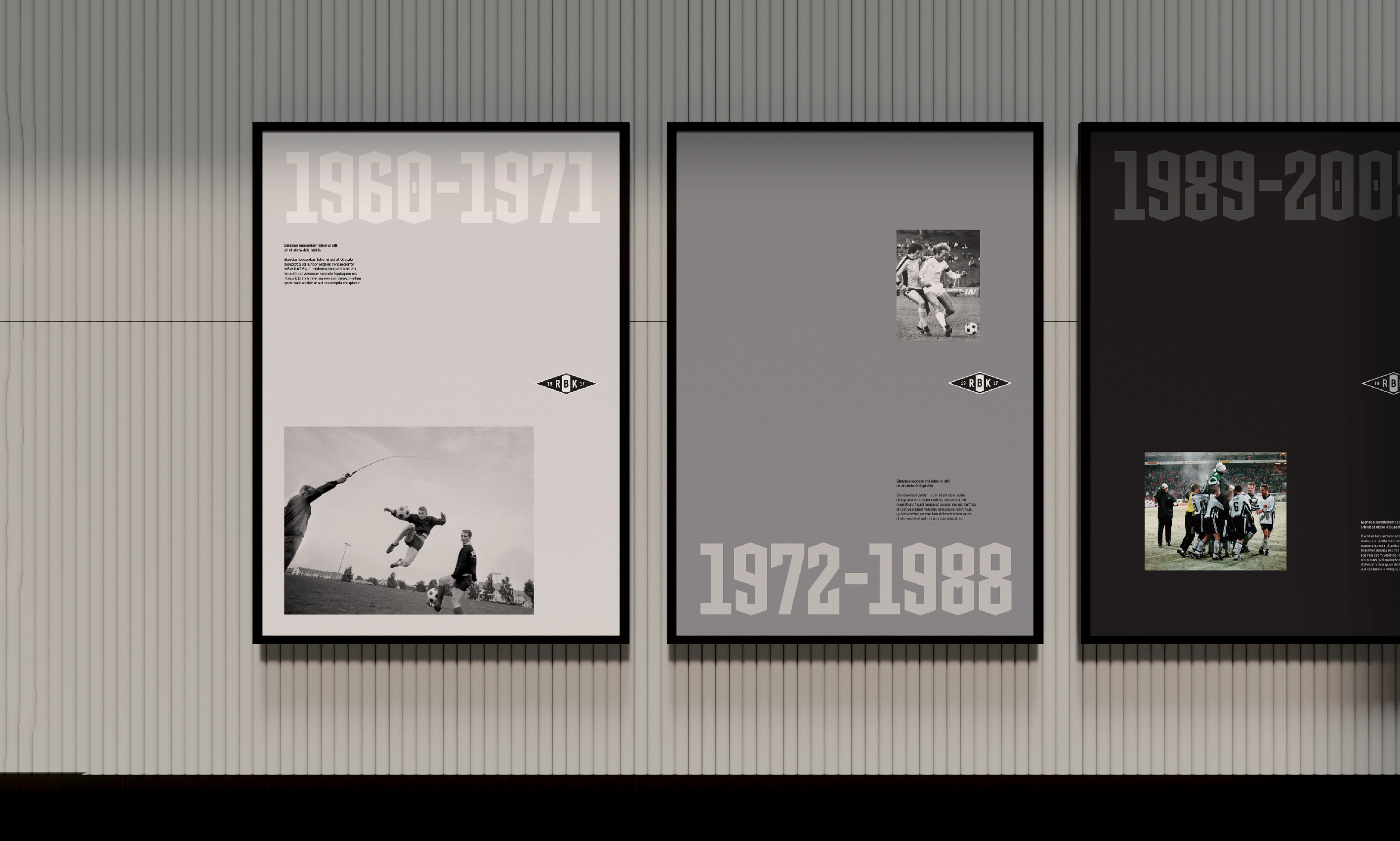 Rosenborg Ballklub history timeline posters showcasing archival football photography and RBK branding for the eras 1960–1971, 1972–1988, and 1989–2000, part of the ‘Always Forward’ identity by Nonspace.