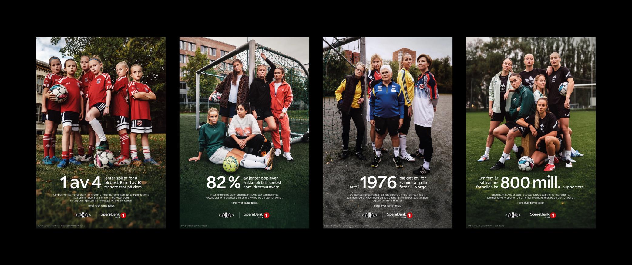 Campaign posters from Nonspace’s ‘Every Match Matter’ initiative for SpareBank 1 SMN and Rosenborg Ballklub, featuring female football players and statistics about equality in the sport.
