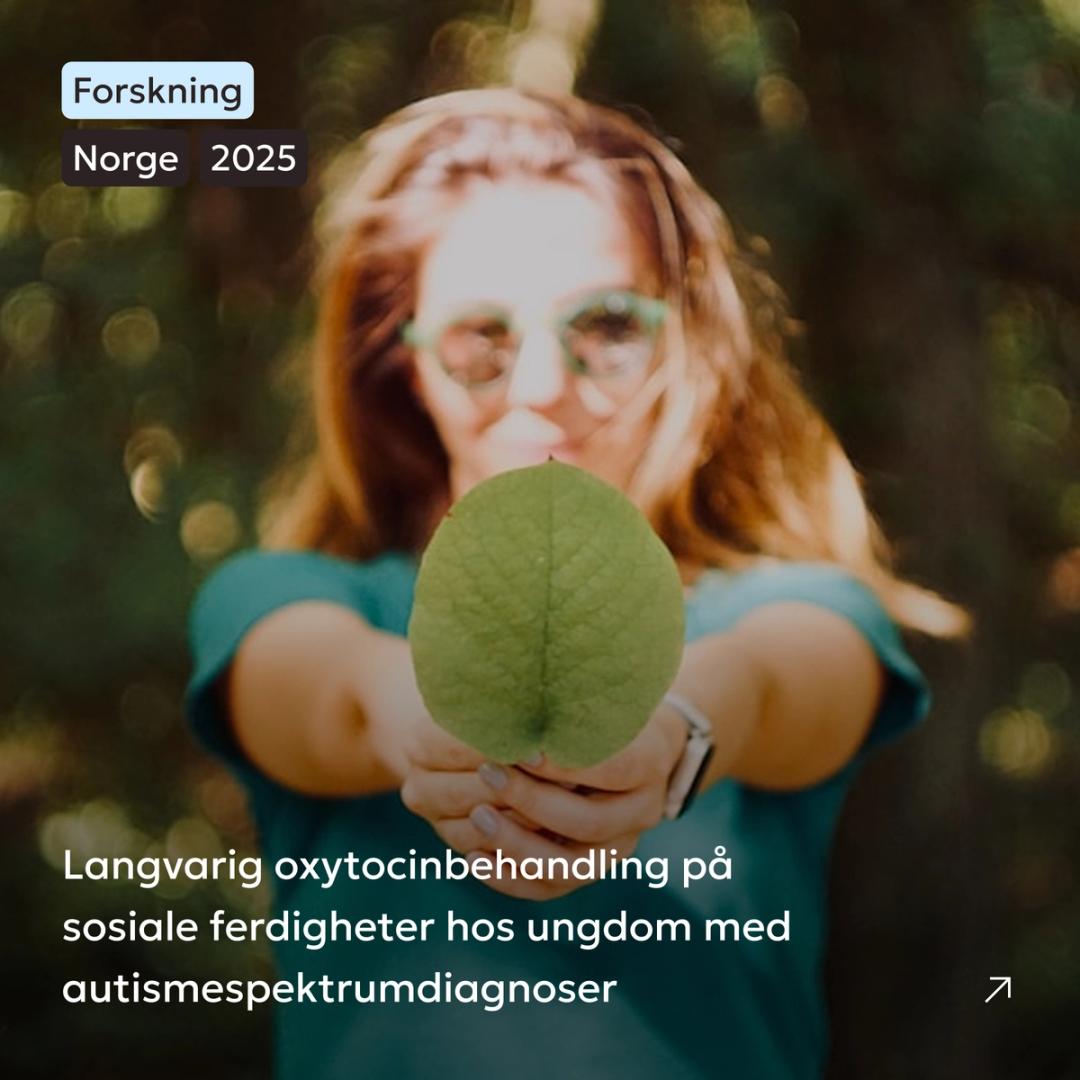A woman with red hair and sunglasses holds a green leaf toward the camera with text about autism research in Norway — by Nonspace
