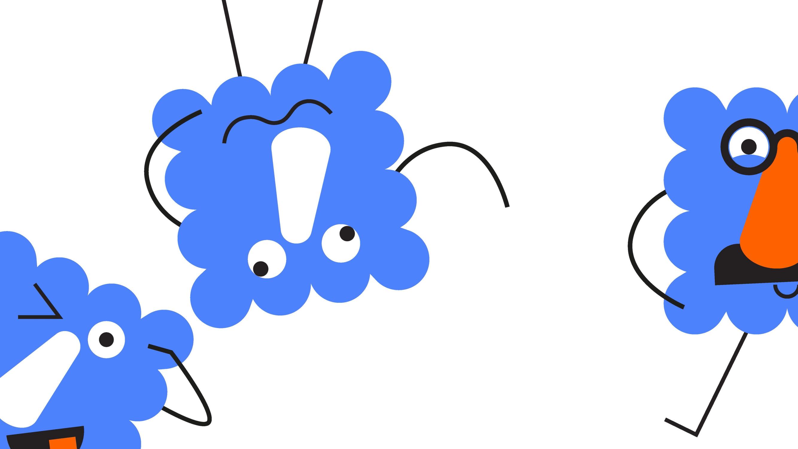 Colorful blue cartoon characters with expressive faces and simple line-drawn limbs, part of the Kids Kunstsilo visual identity, shown on a white background.”