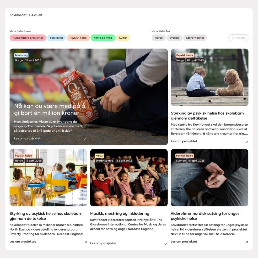 A news page showing articles about mental health, research, and cultural projects with category filters — by Nonspace