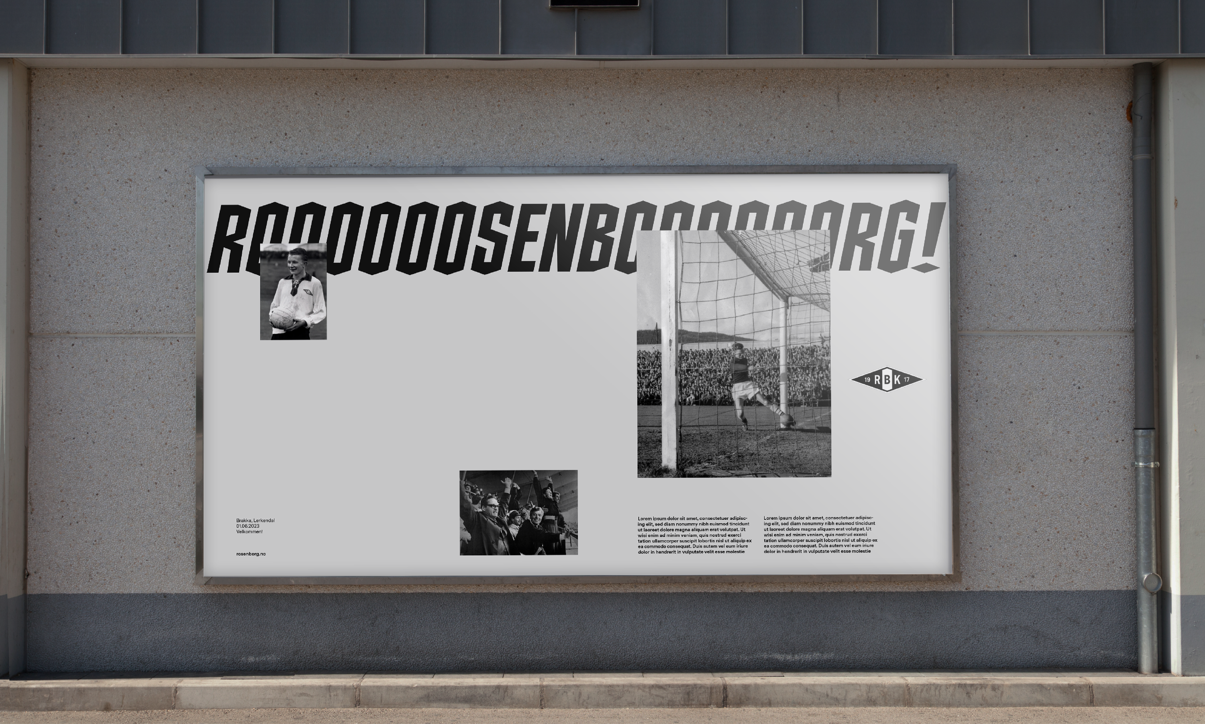 Rosenborg Ballklub heritage poster featuring archival football photos, chant typography, and RBK branding, part of the ‘Always Forward’ identity by Nonspace.