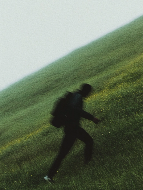 Silhouetted person with a backpack running diagonally up a grassy hillside, captured in a blurred, atmospheric outdoor scene.