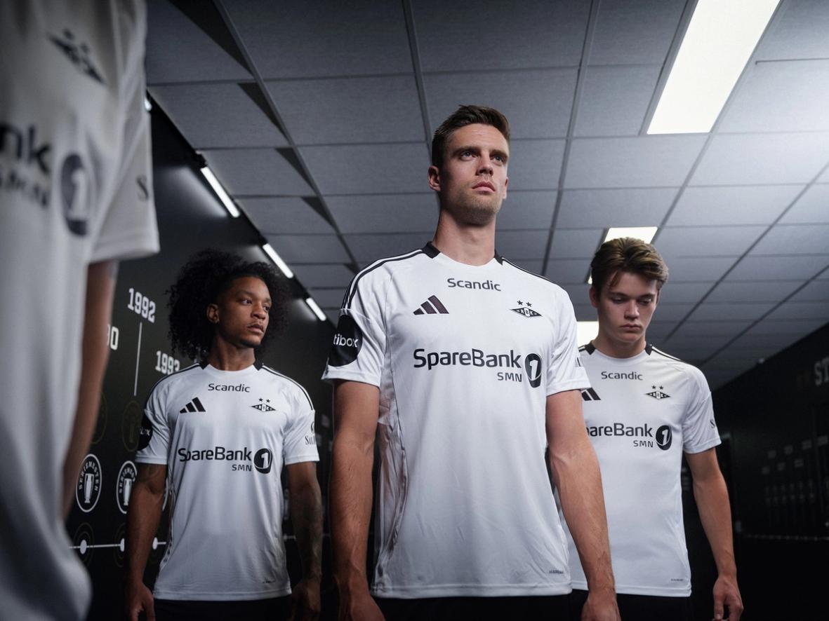 Rosenborg players in the white home kit walking through the stadium corridor, with club history displayed on the wall behind them, creating a focused pre-match atmosphere.
