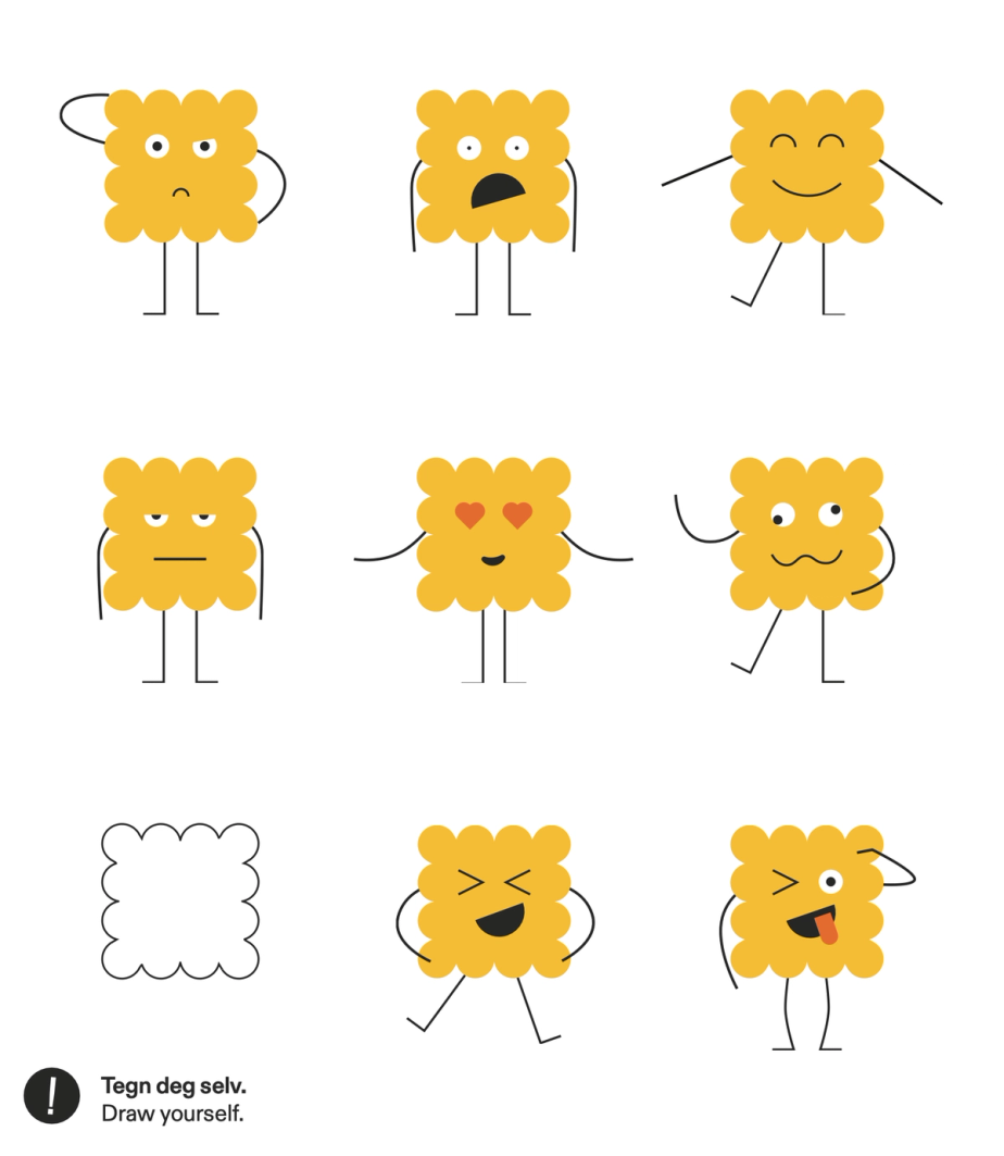 Illustration sheet of multiple yellow cartoon emotion characters for Kids Kunstsilo, showing happy, sad, surprised, confused, and playful expressions, used as part of an interactive children’s museum activity.