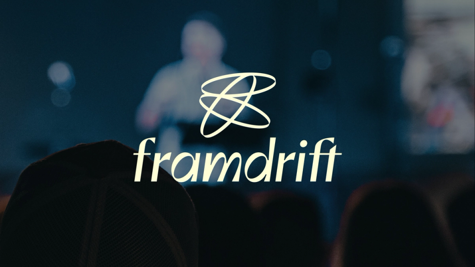 Framdrift brand identity showing the three-orbit symbol and forward-leaning wordmark, Framdrift, brand strategy by Nonspace.