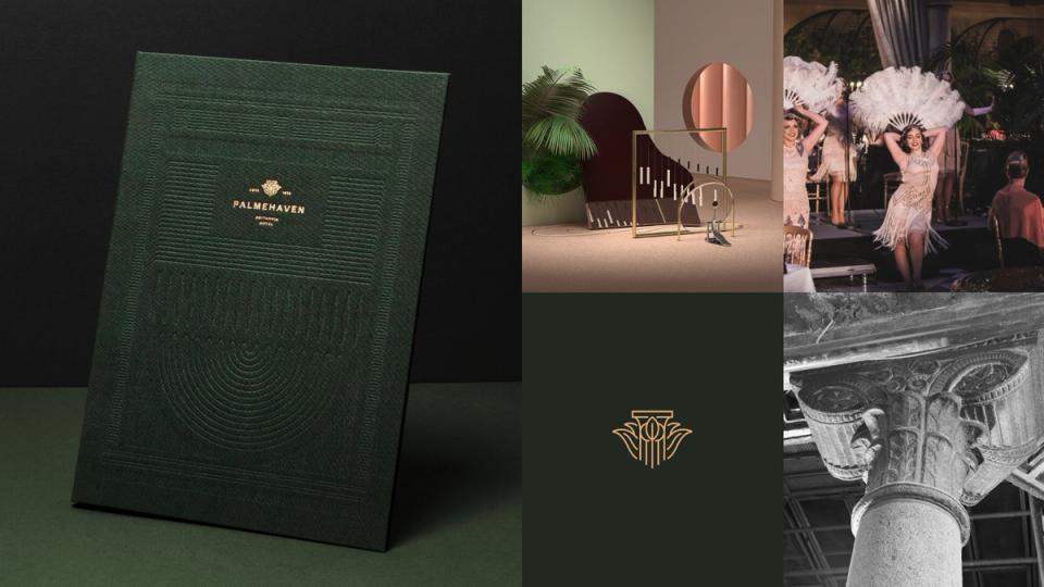 Branding materials for Palmehaven featuring embossed green menu, Art Deco logo, feathered dancers, and architectural details — by Nonspace