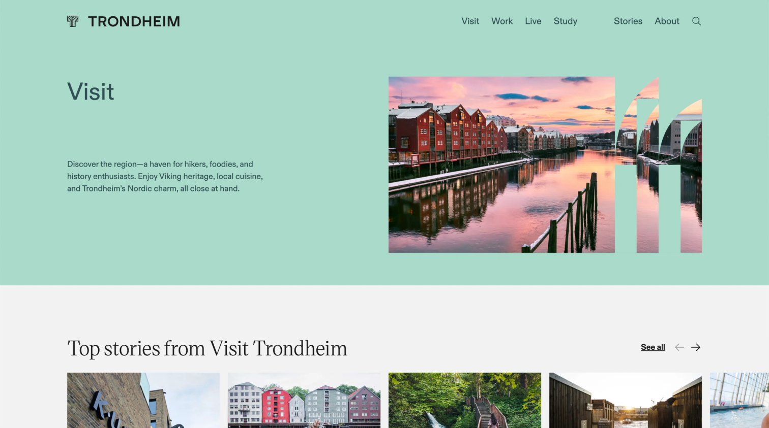 Screenshot of the Visit Trondheim website showing pastel green layout with welcome text and a hero image of Trondheim’s colorful riverside buildings at sunset, combined with the city’s distinctive arch-shaped graphic motif.