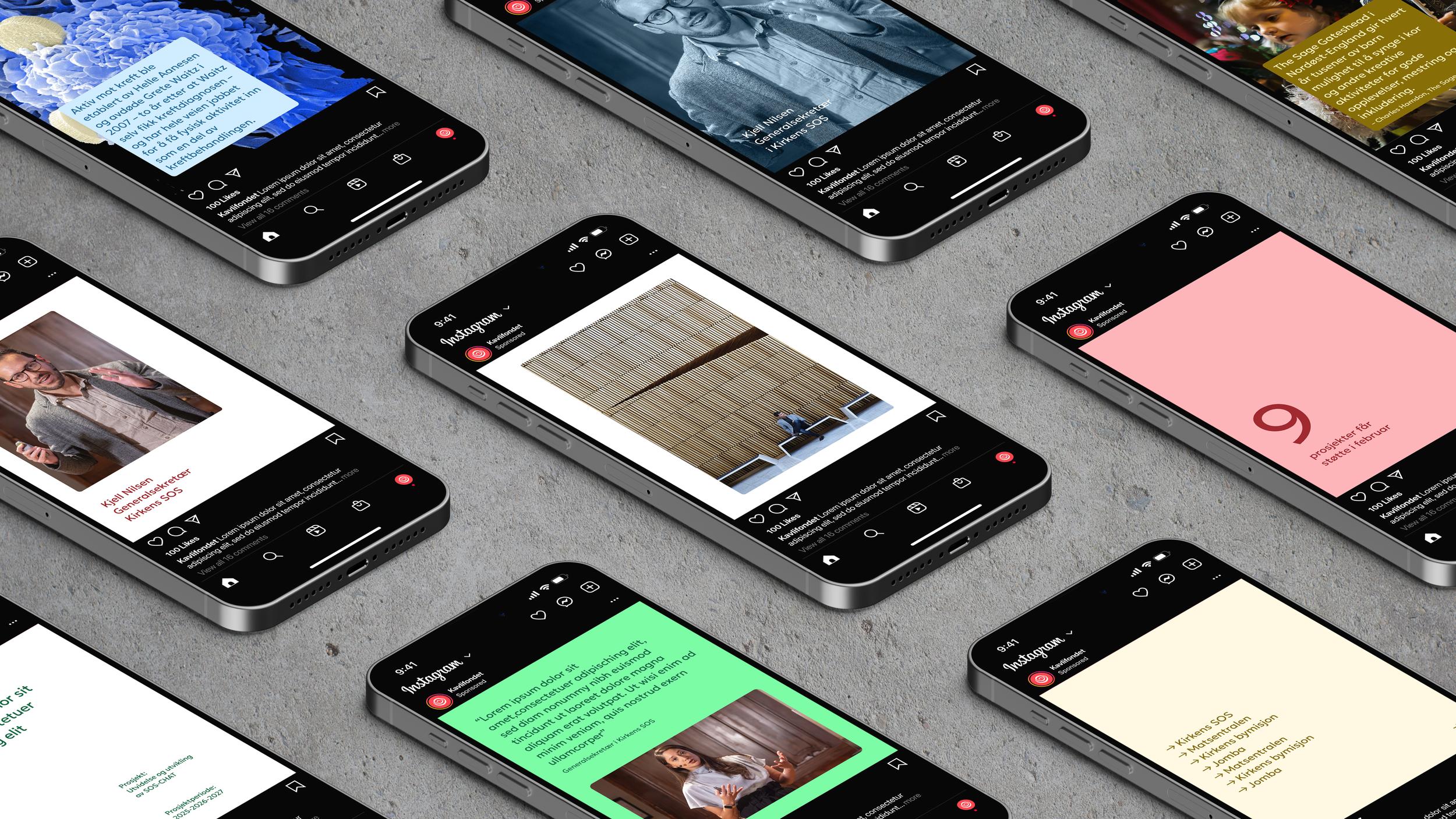 Multiple iPhones displaying Instagram posts and social media content for Kavlifondet foundation — by Nonspace