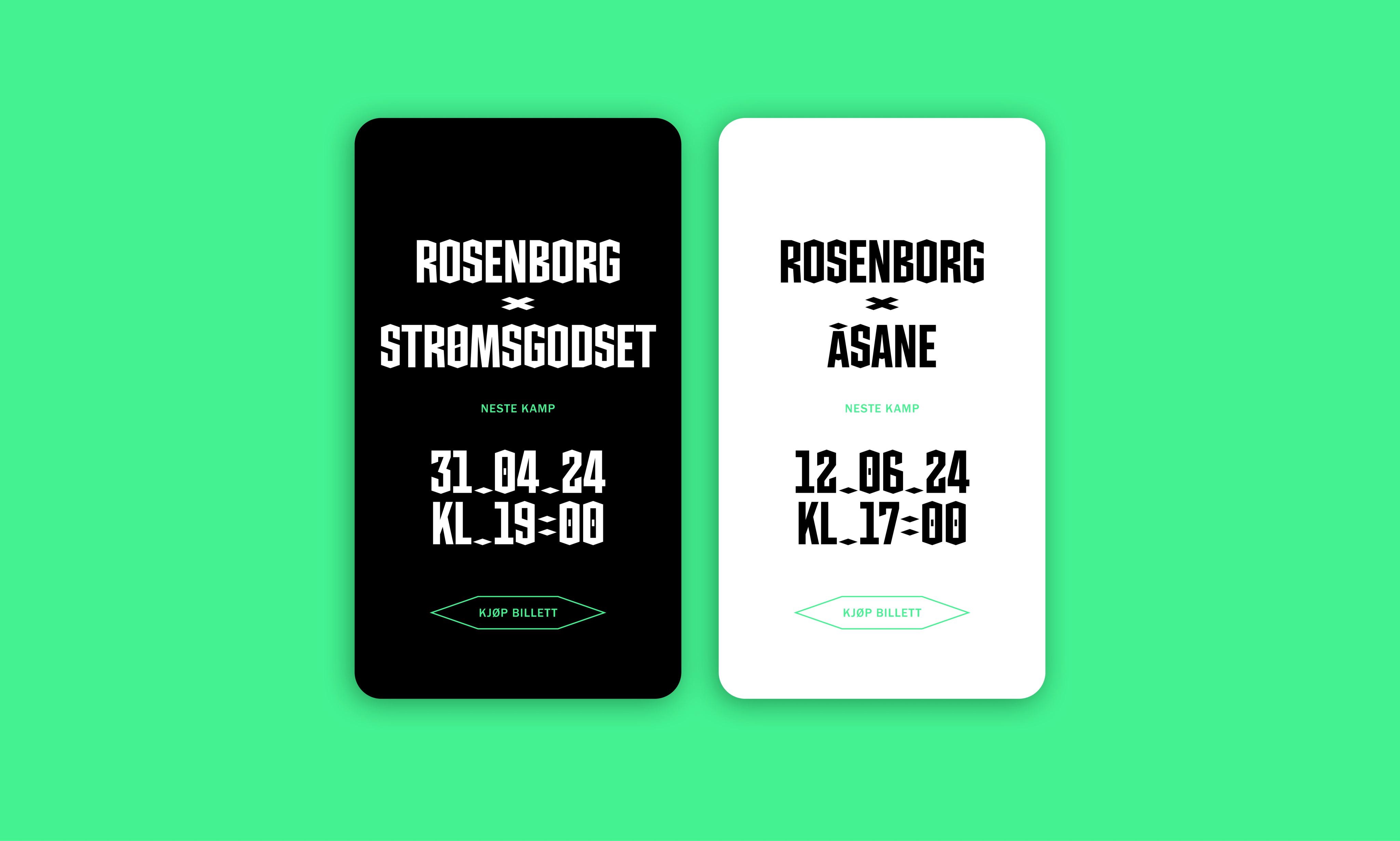 Rosenborg Ballklub match-card UI designs featuring bold ‘Always Forward’ typography and details for upcoming fixtures against Strømsgodset and Åsane, created by Nonspace.