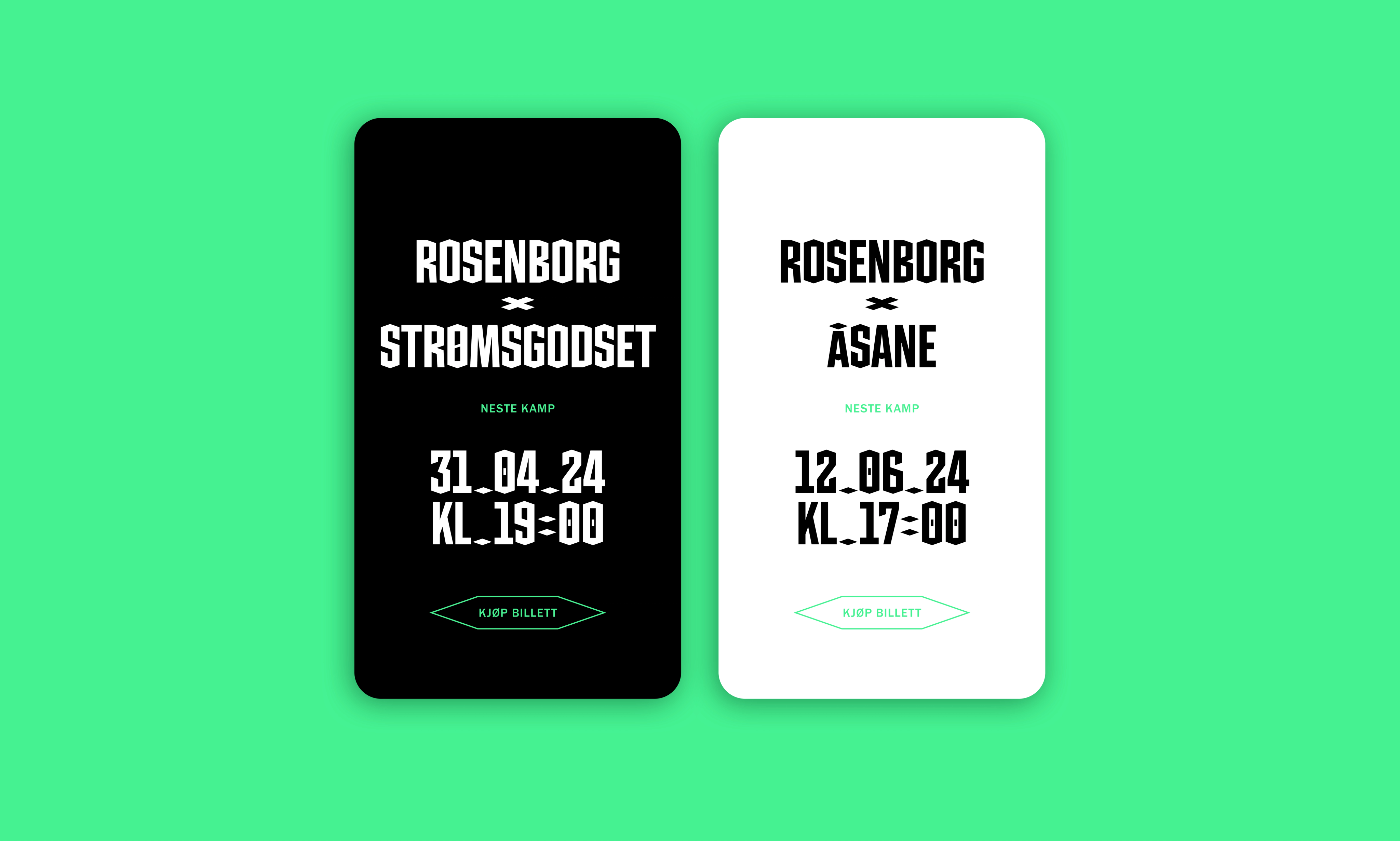 Rosenborg Ballklub match-card UI designs featuring bold ‘Always Forward’ typography and details for upcoming fixtures against Strømsgodset and Åsane, created by Nonspace.